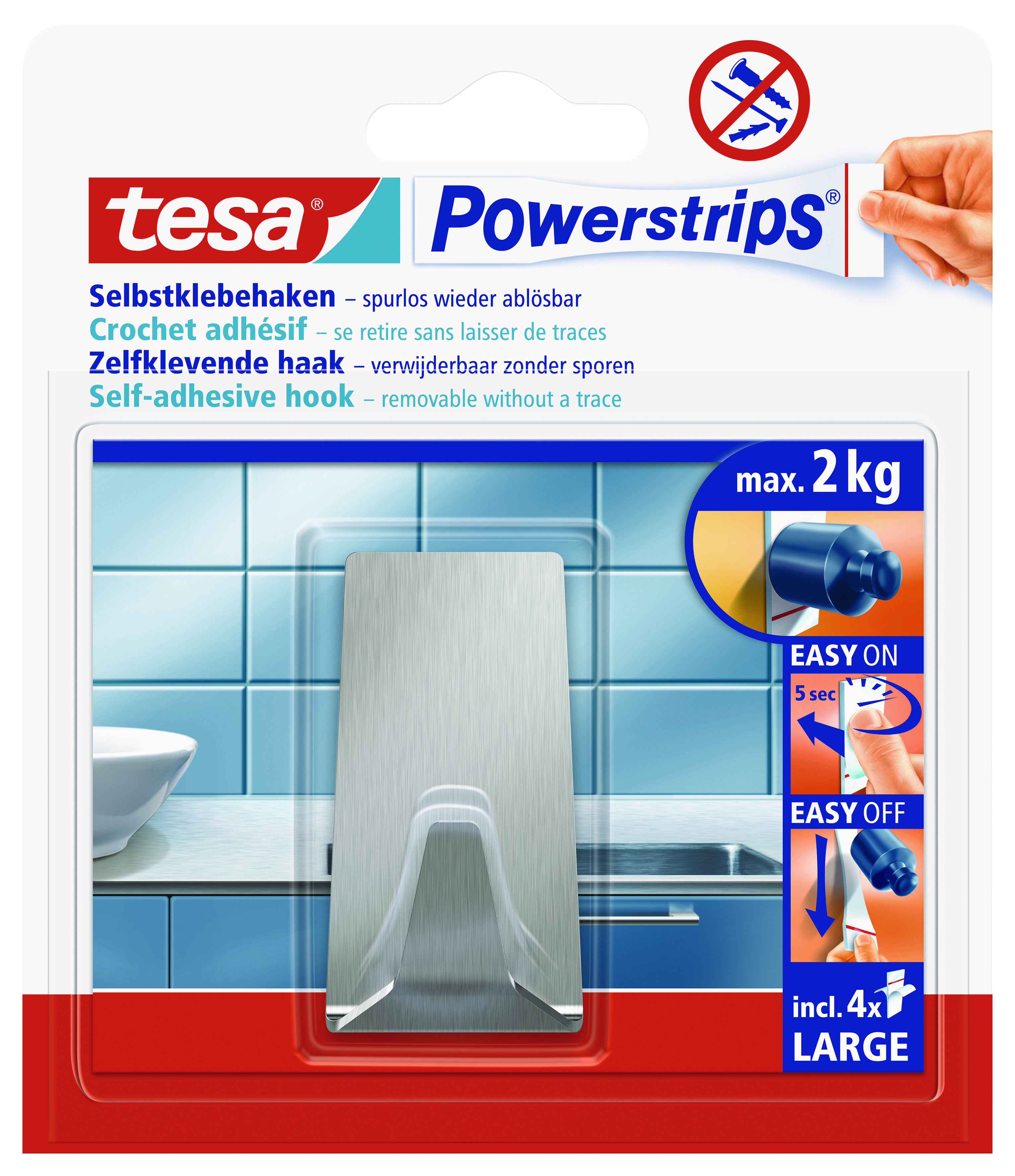 702763-Tesa-Power-Haken-L-metall-eckig tesa Powerstrips Selbstklebehaken Large, Metall, rechteckig