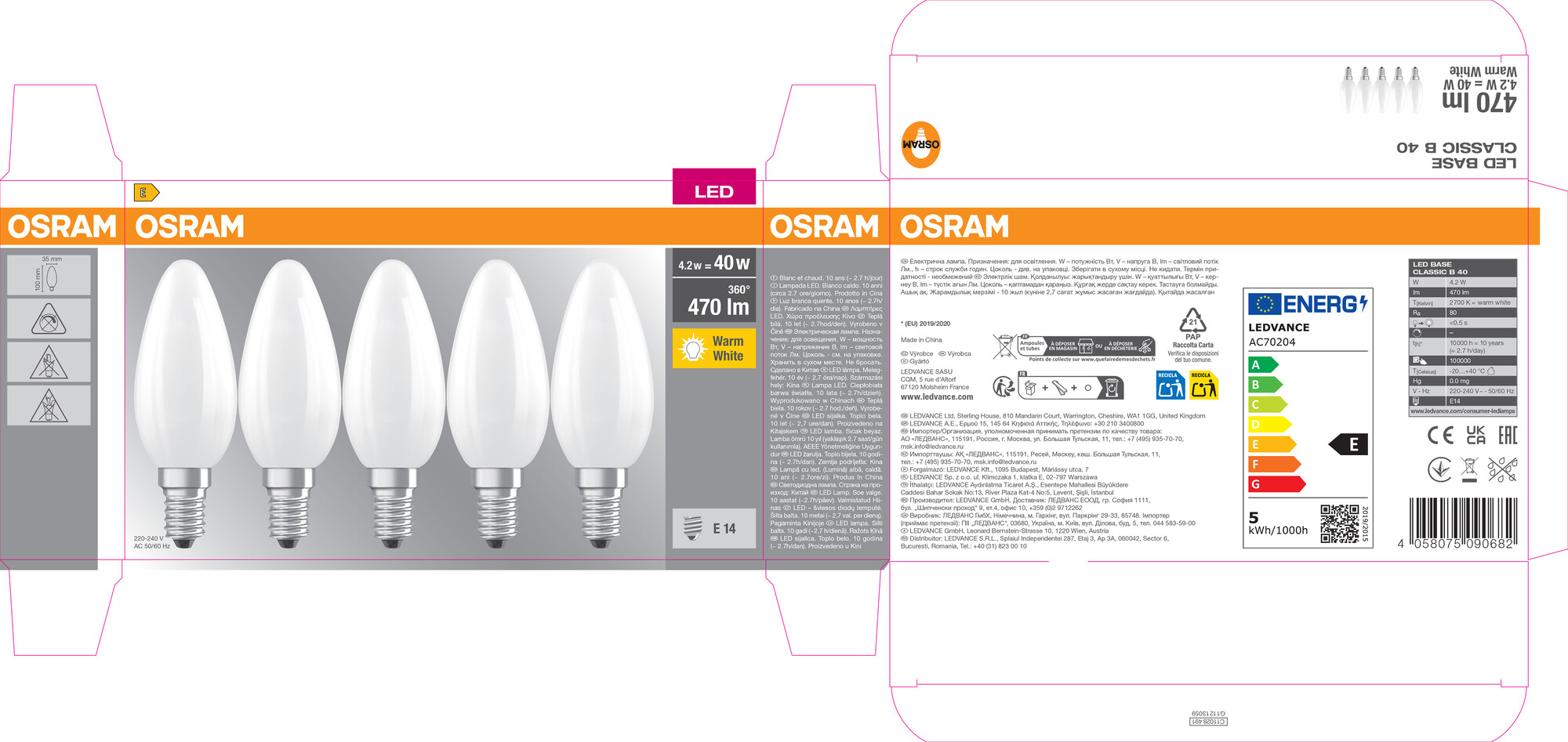 Osram LED Lampe Kerzenform, matt, wamrweiß, E14, 5er-Pack