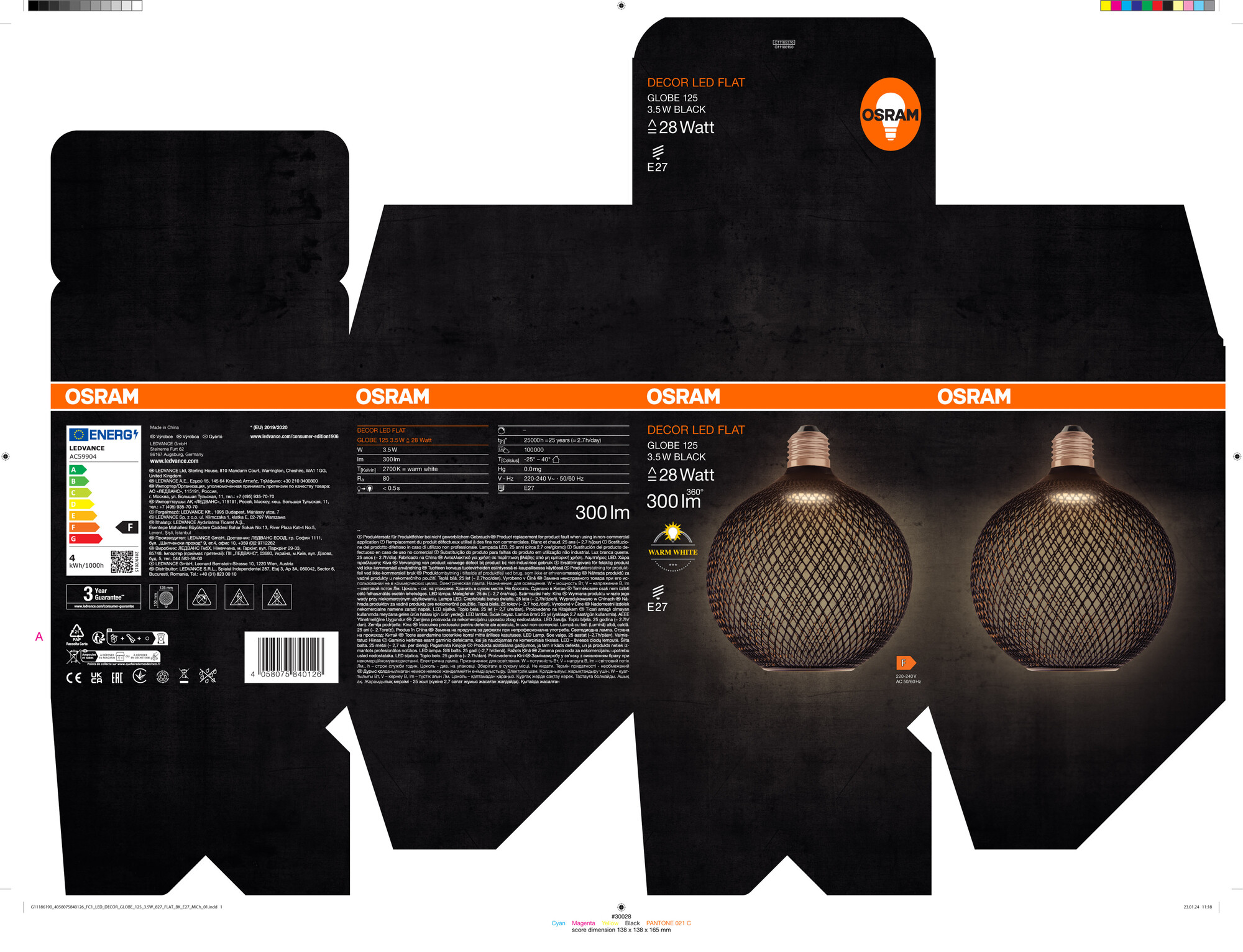 Osram LED Flatlampe 125 mm, schwarz, warmweiß, E27