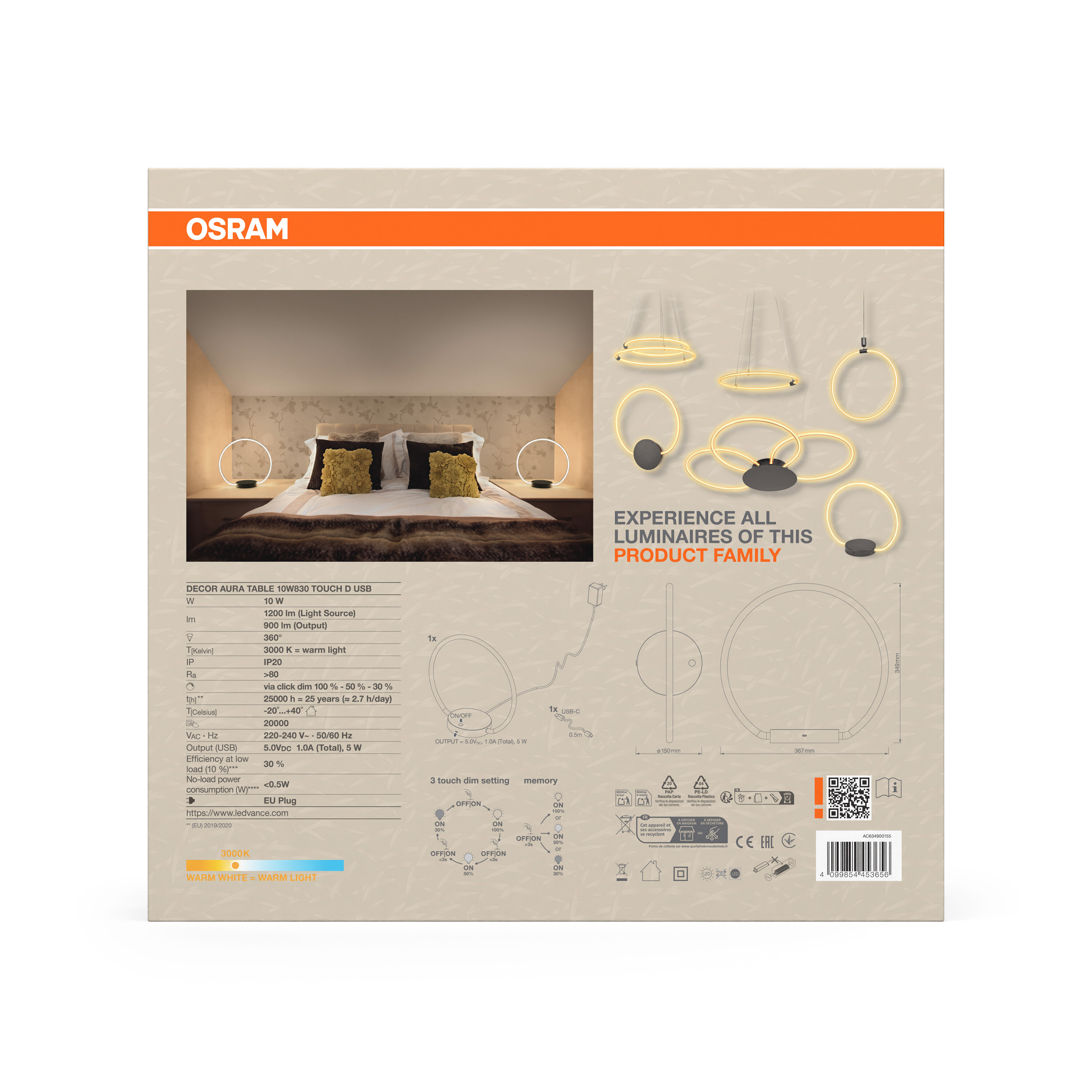 Osram Decor Aura Tischleuchte, 10W, Touch dimmbar, USB