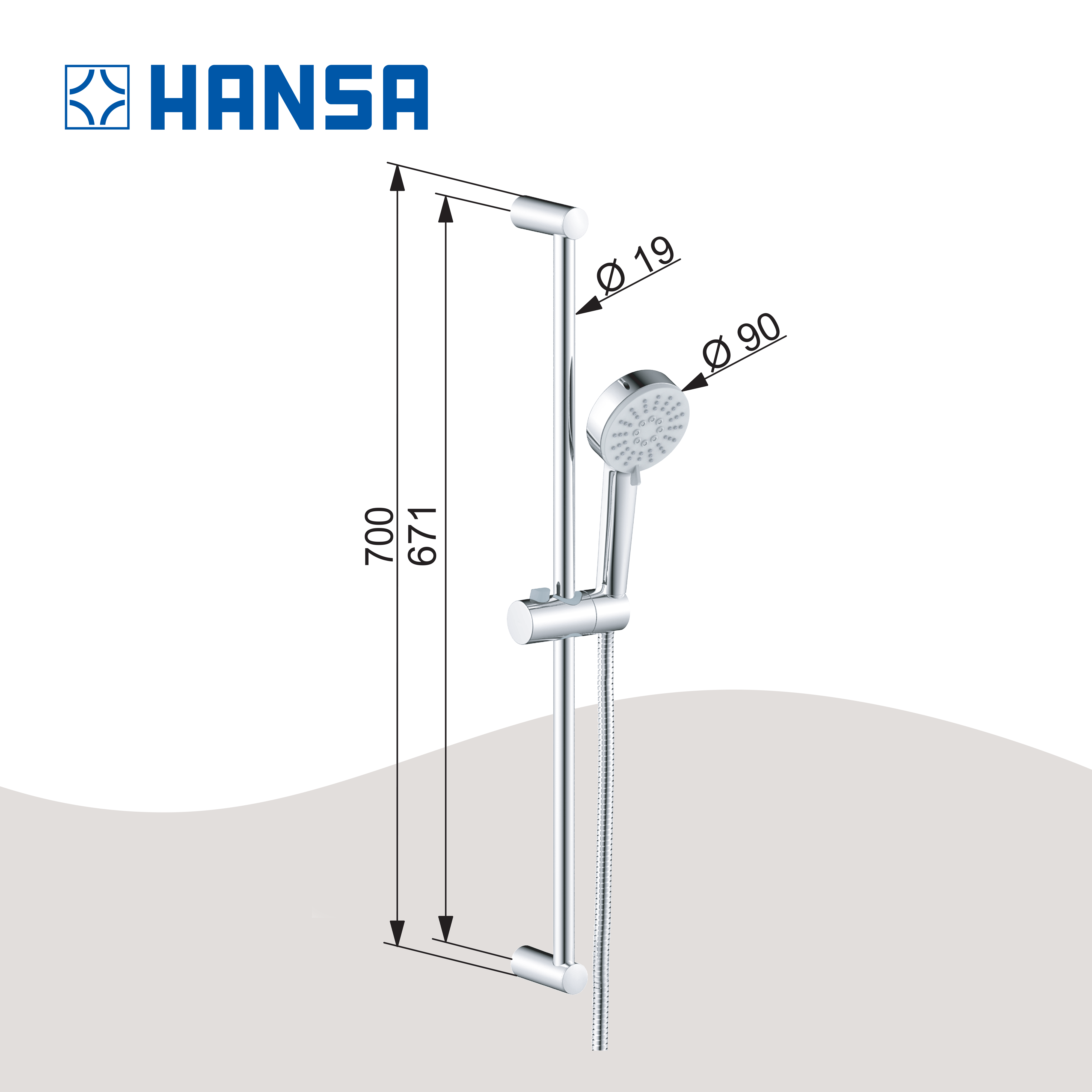 Hansa PICO Wandstangenset 700 mm mit Handbrause 3 strahlig und Brauseschlauch, chrom