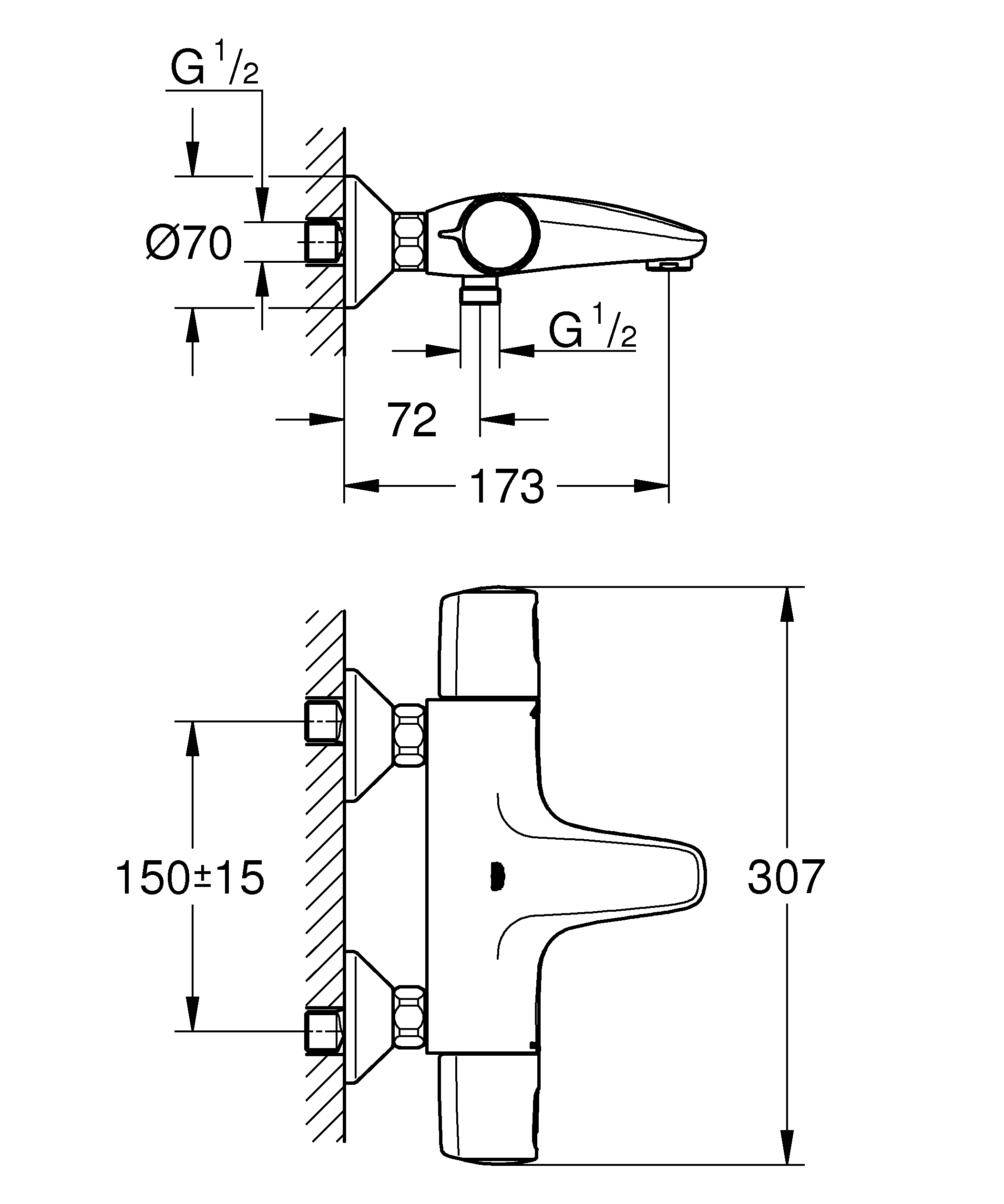 209955_02-Masszeichnung FRIEDRICH GROHE  THERMOSTAT  PRECISION TREND WANNE AUFPUTZ