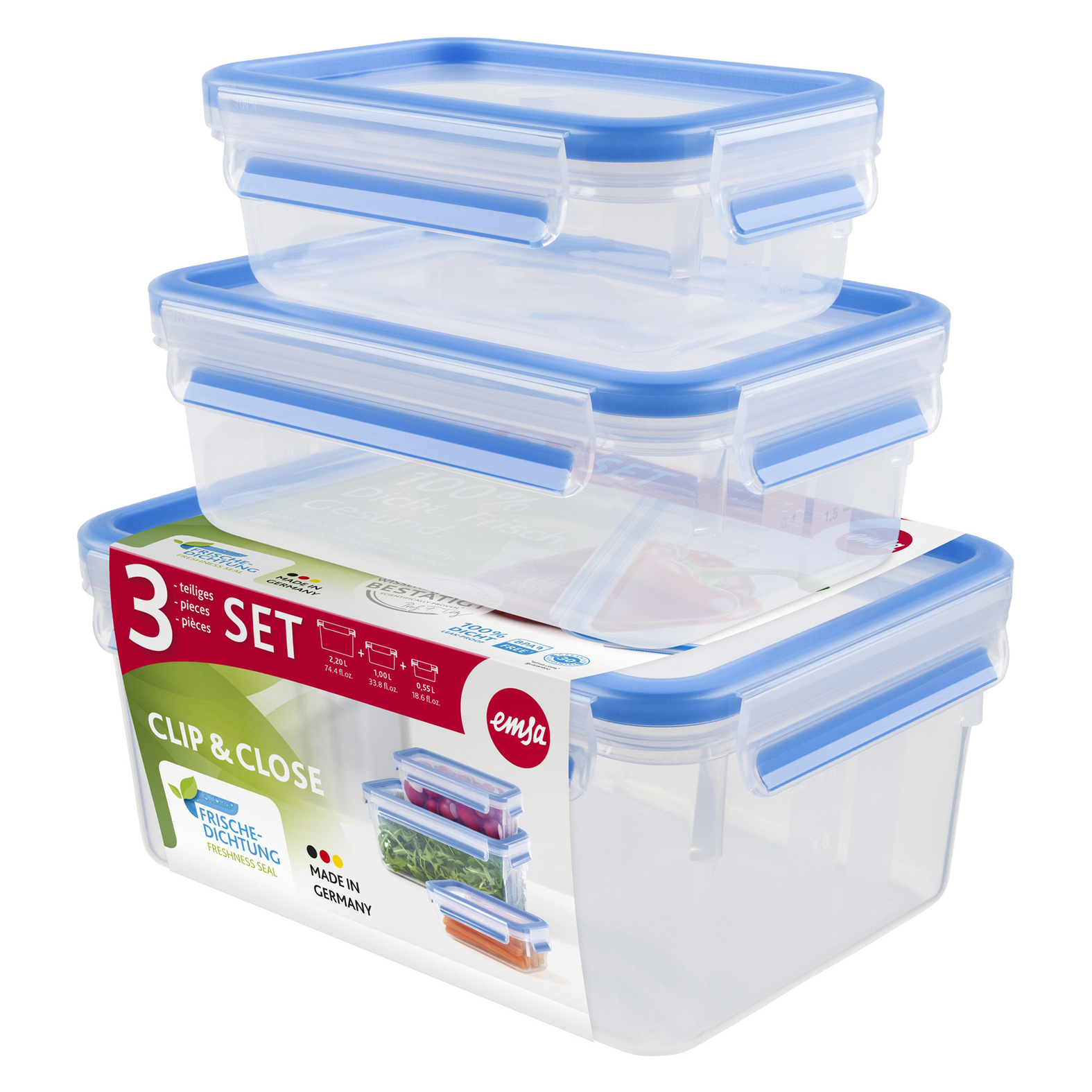 EMSA Clip & Close Frischhaltedosen-Set, 0,55/1/2,20 L, blau EMSA Clip & Close Frischhaltedosen-Set, 0,55/1/2,20 L, blau