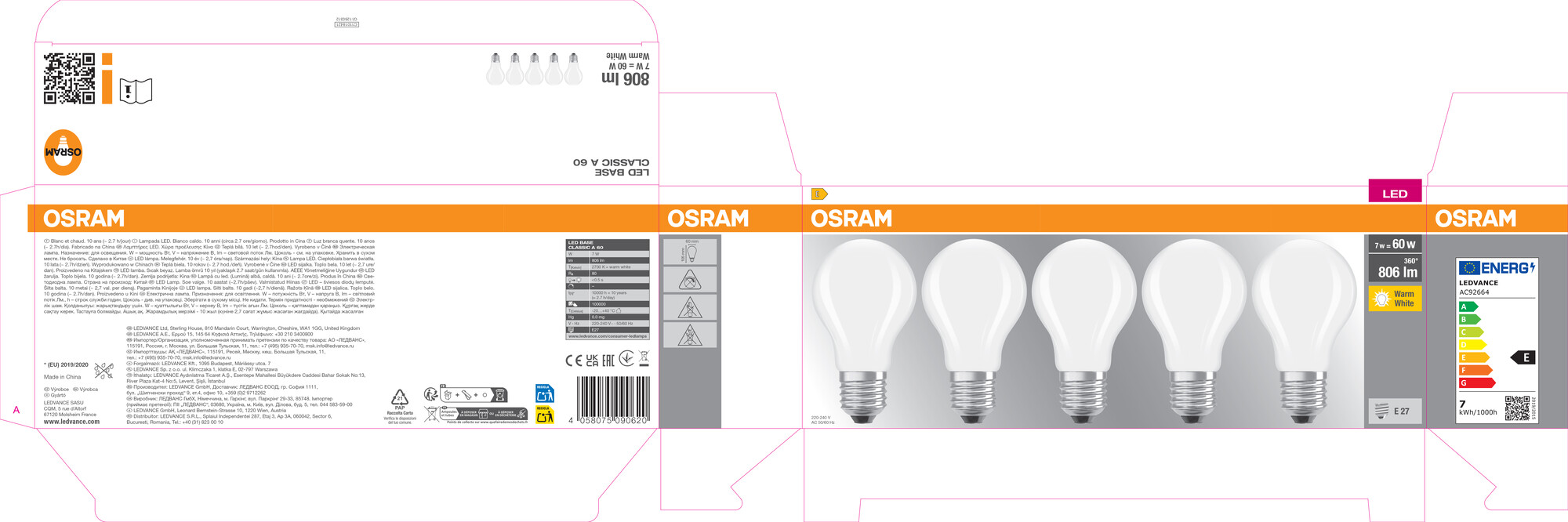 Osram LED Classic Lampe, matt, warmweiß, E27, 5er-Pack