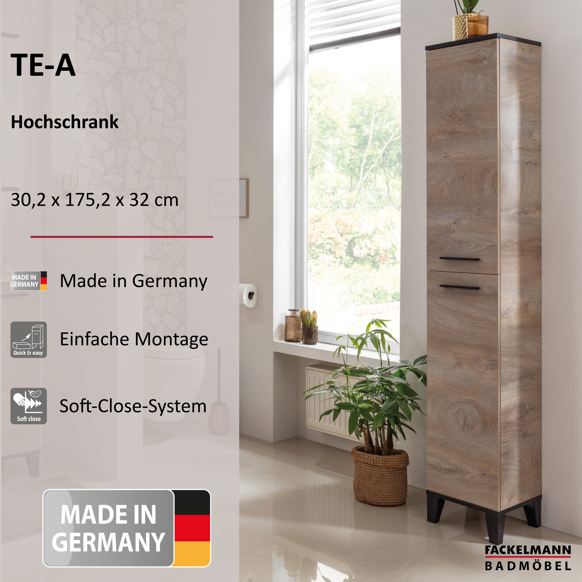 Fackelmann TE-A Hochschrank, 302 x 1752 x 320 mm, Nature-Oak-Optik
