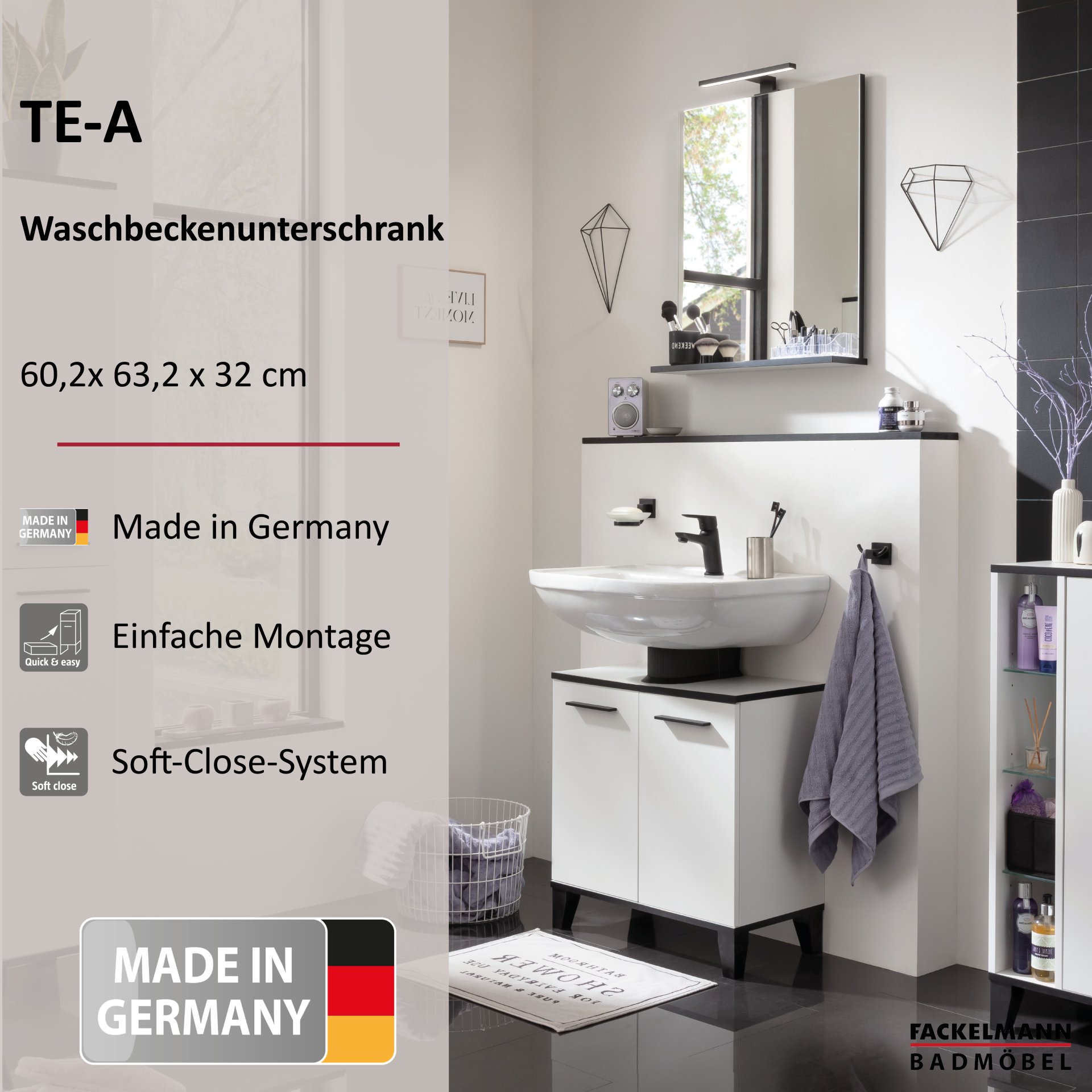 Fackelmann TE-A Beckenunterschrank, 602 x 632 x 320 mm, Weiß