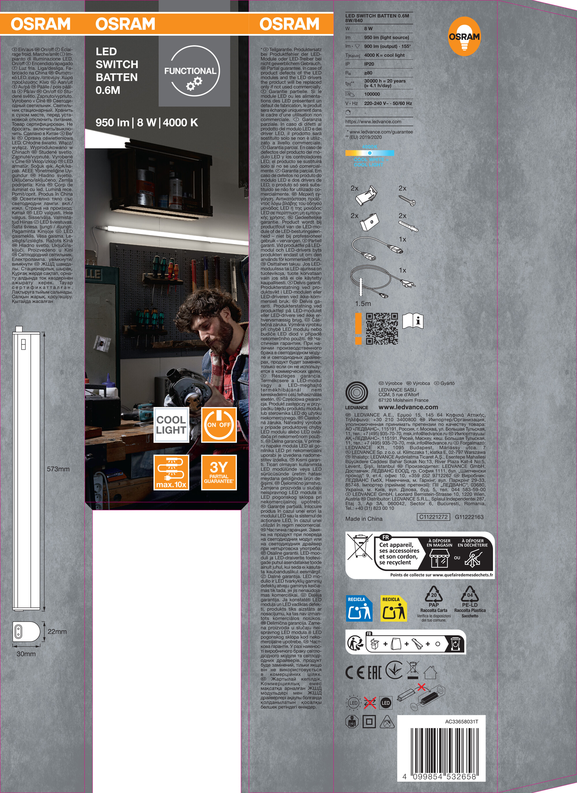 Osram Lichtleiste "LED Switch Batten", 600 mm, 8W, 4000K