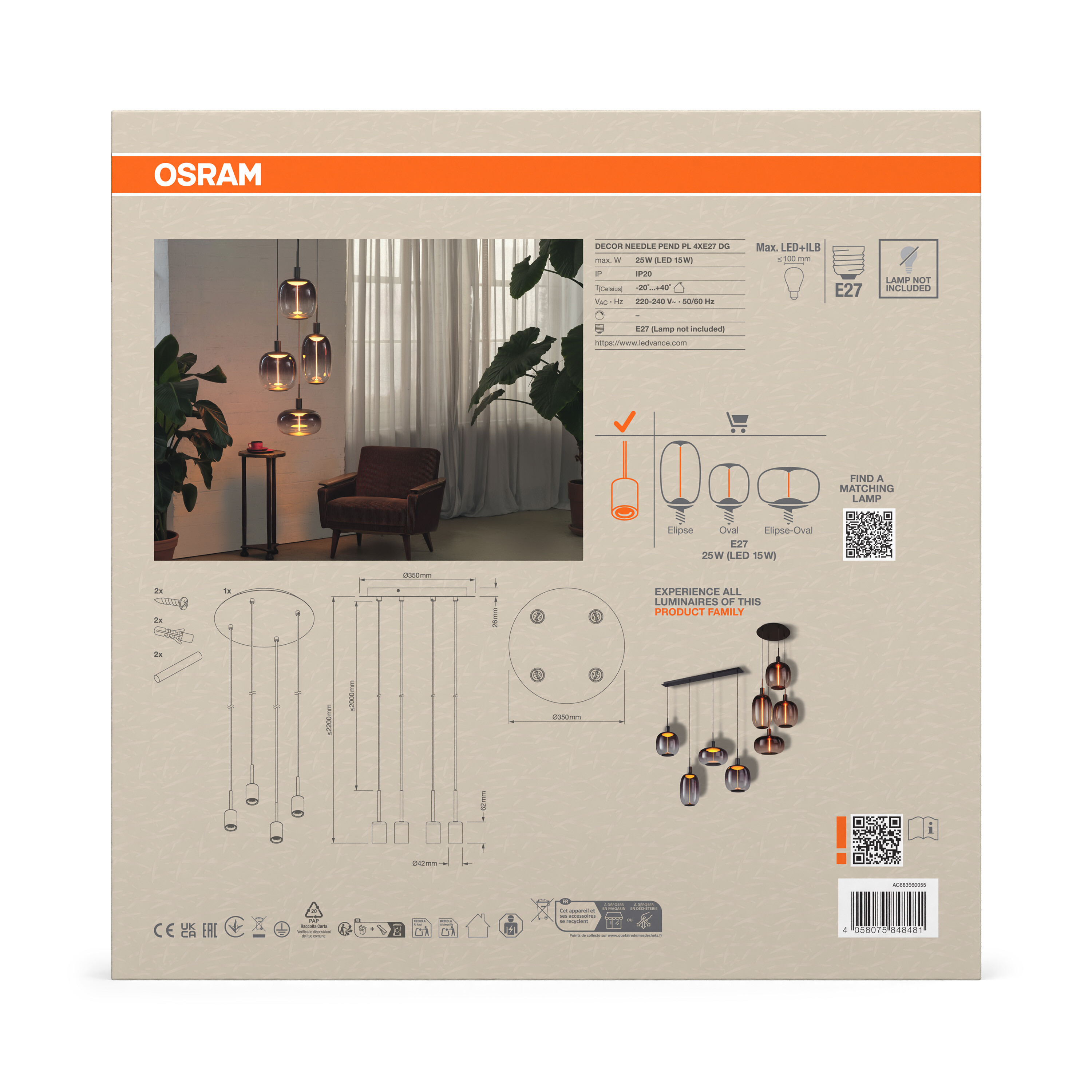 Osram DECOR Needle Pendelleuchte, 4XE27, dunkelgrau