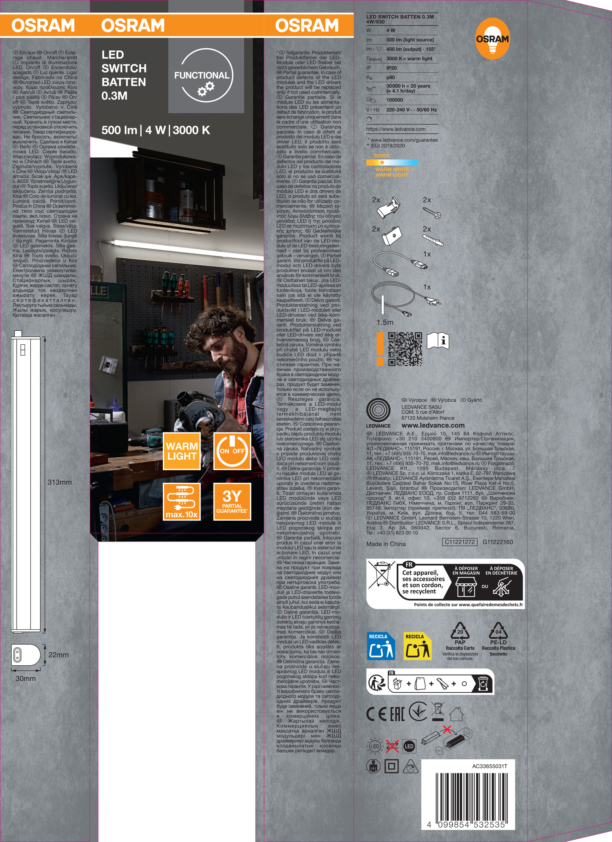 Osram Lichtleiste "LED Switch Batten", 300 mm, 4W, 3000K