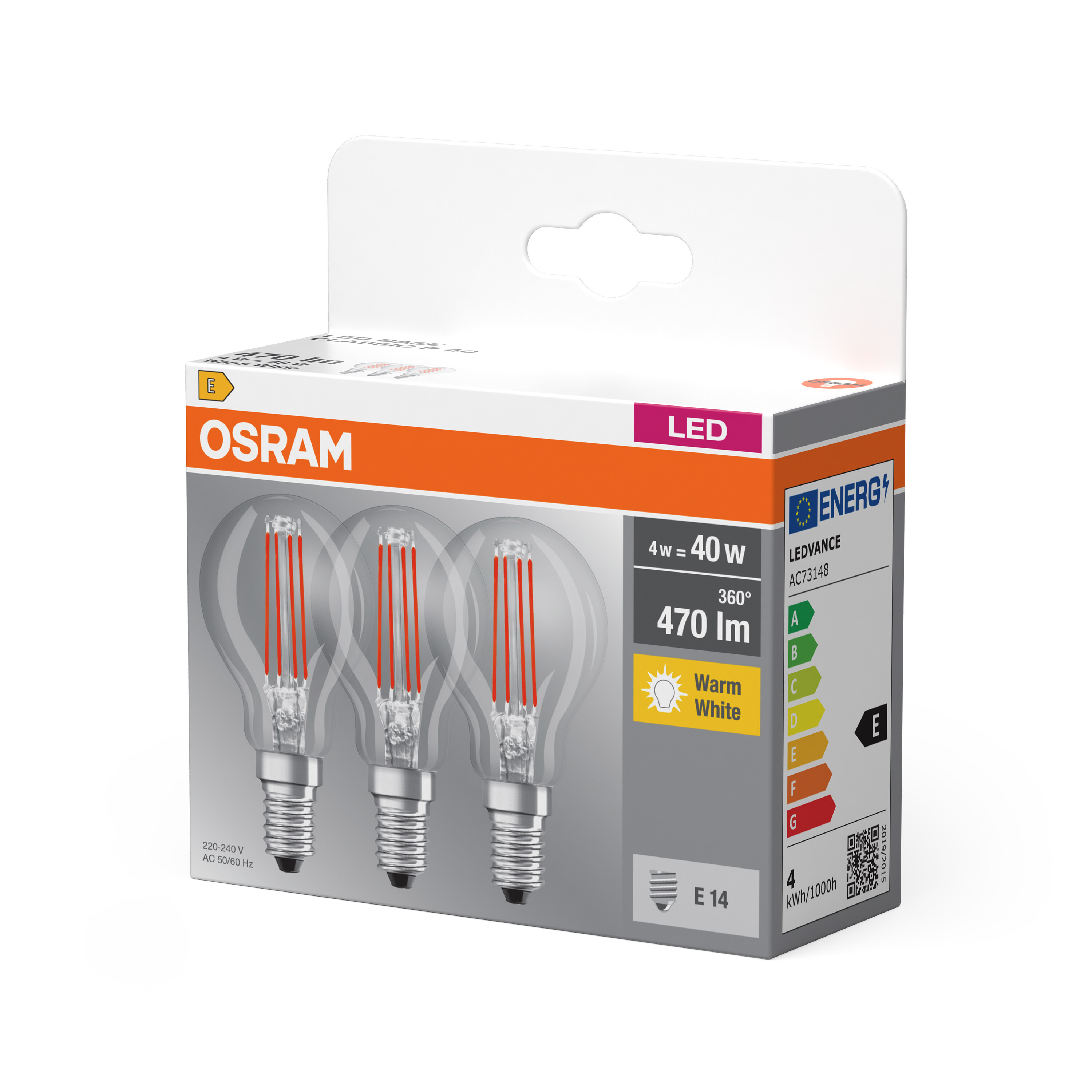 Osram LED Base Classic Lampe, warmweiß, E14, 3er Pack