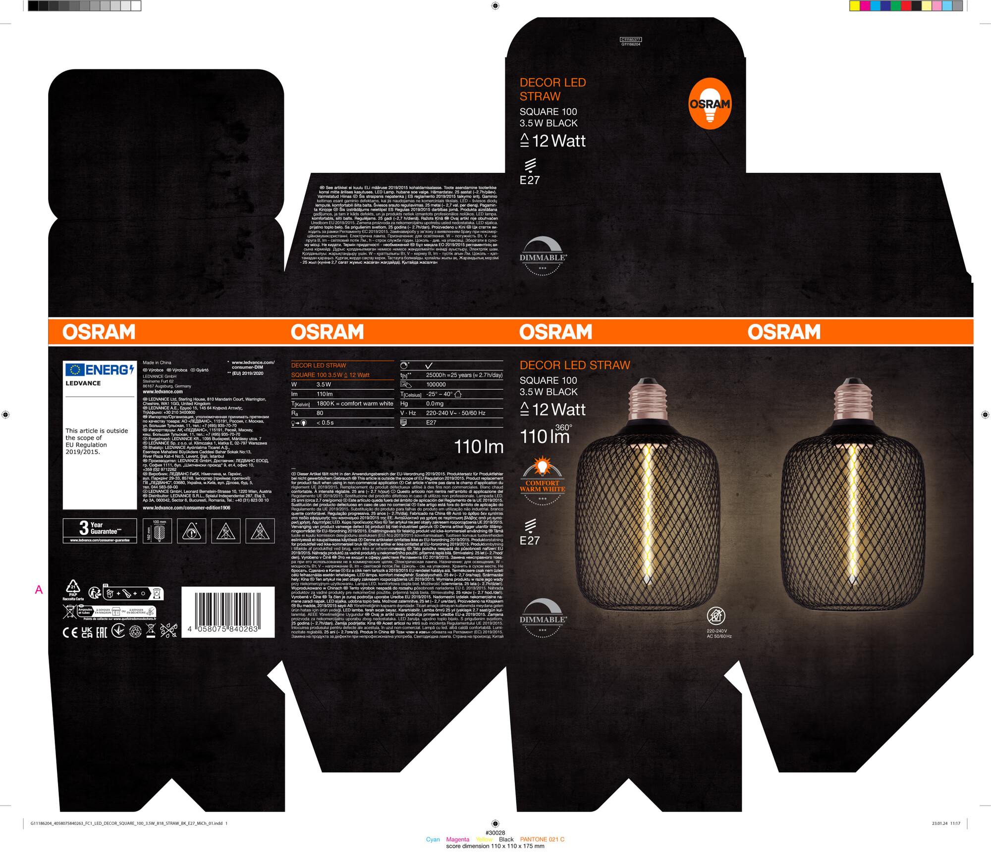 Osram LED Leuchte Quadrat, schwarz, warmweiß, E27