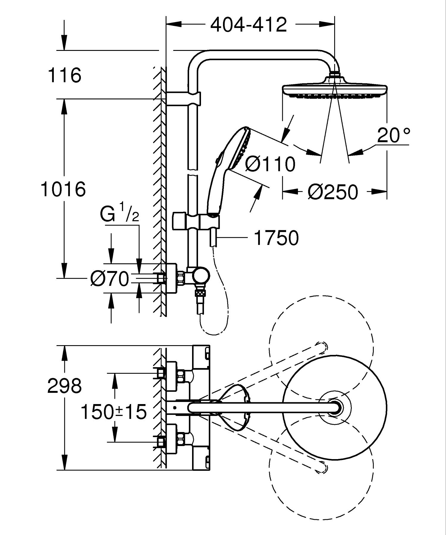 Grohe Vitalio Start System 250 Duschsystem mit Thermostatbatterie für die Wandmontage