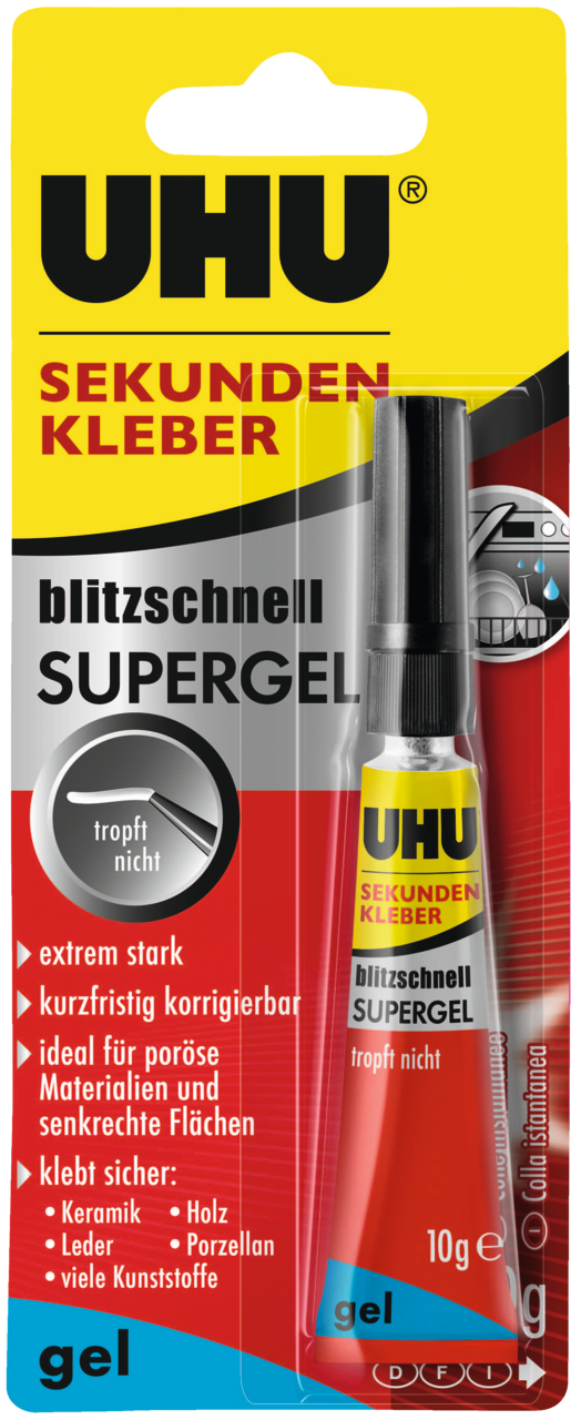 Uhu Sekundenkleber blitzschnell SUPERGEL Tube, Infokarte Uhu Sekundenkleber blitzschnell SUPERGEL Tube, Infokarte