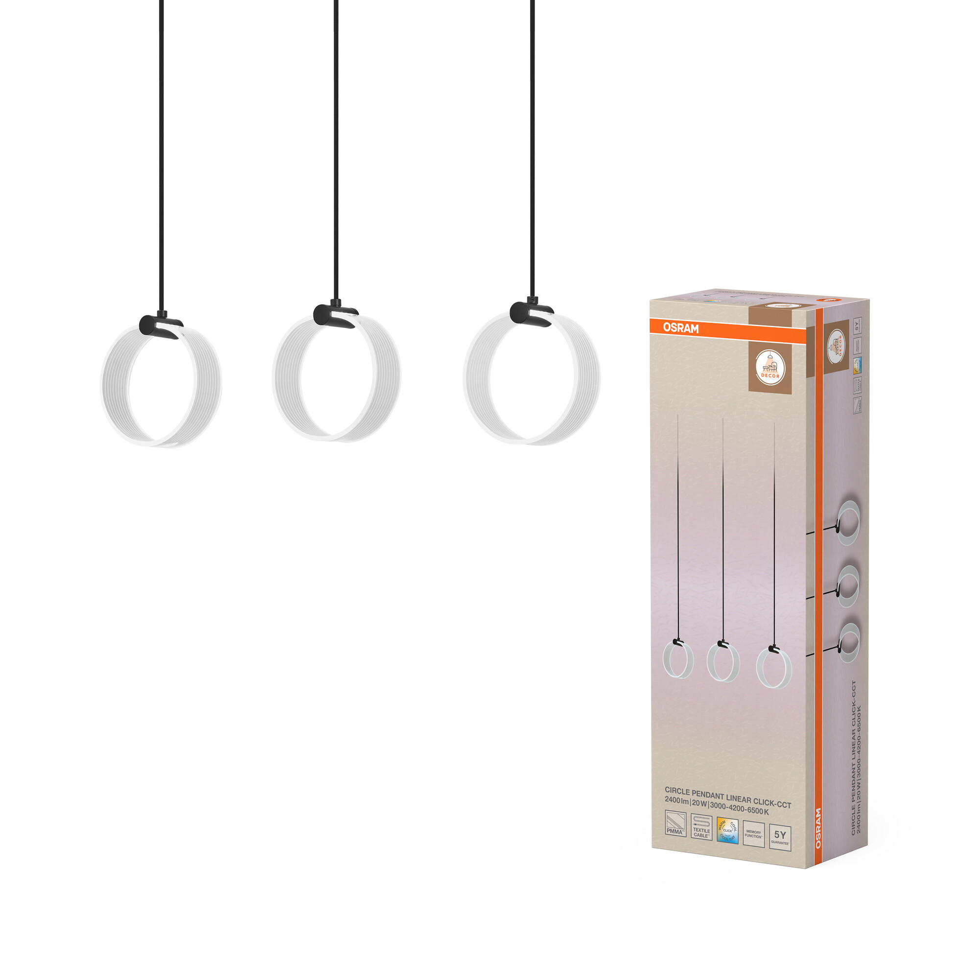 Osram Decor Runde Pendelleuchte, 3 Pendel, 20W, schwarz