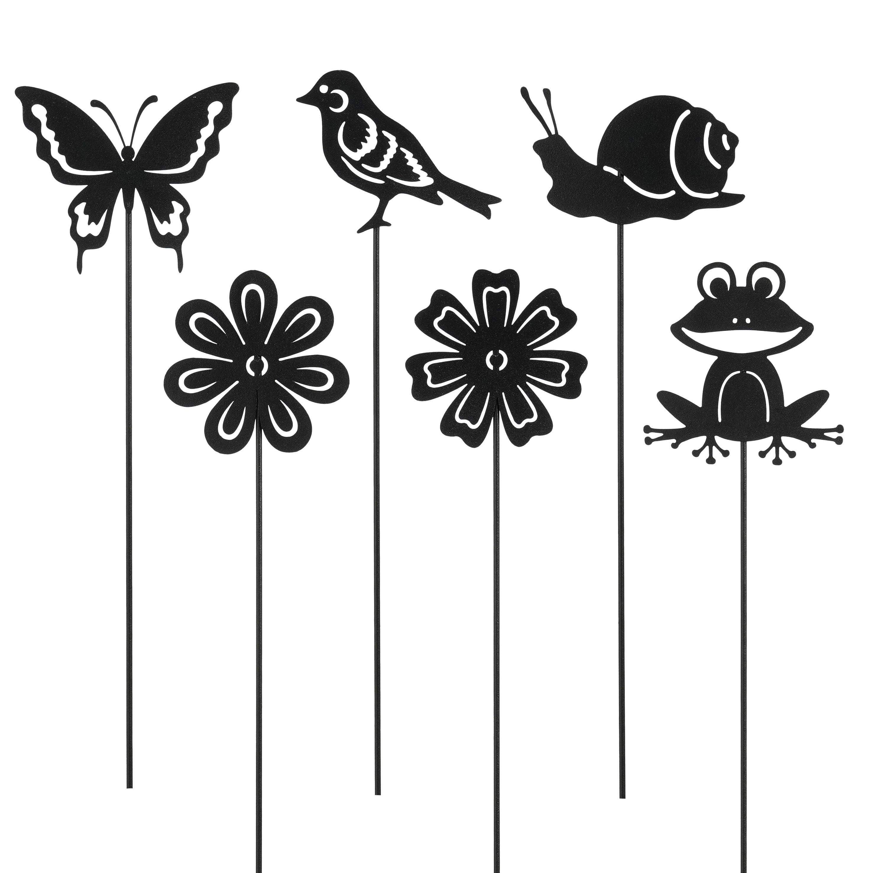 Mica Decorations Gartenstecker Blume/Vogel/Schmetterling/Frosch/Schnecke, schwarz, Sortiment 6