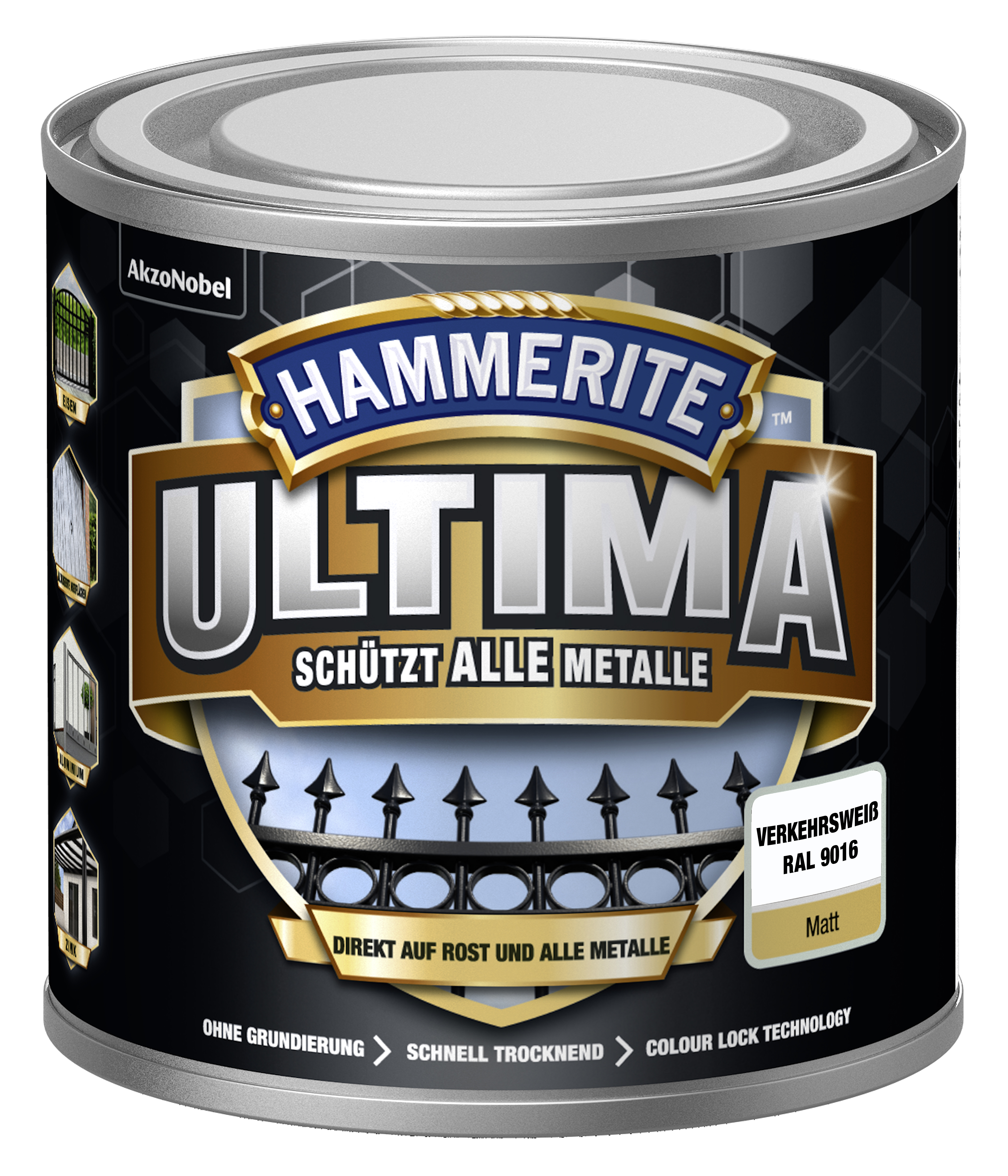 734603_4007591724397_5379744-Hammerite_ULTIMA_matt_250ml_verkehrsweiss HAMMERITE  METALLSCHUTZLACK ULTIMATE MATT VERKEHRSWE. RAL 9016 250