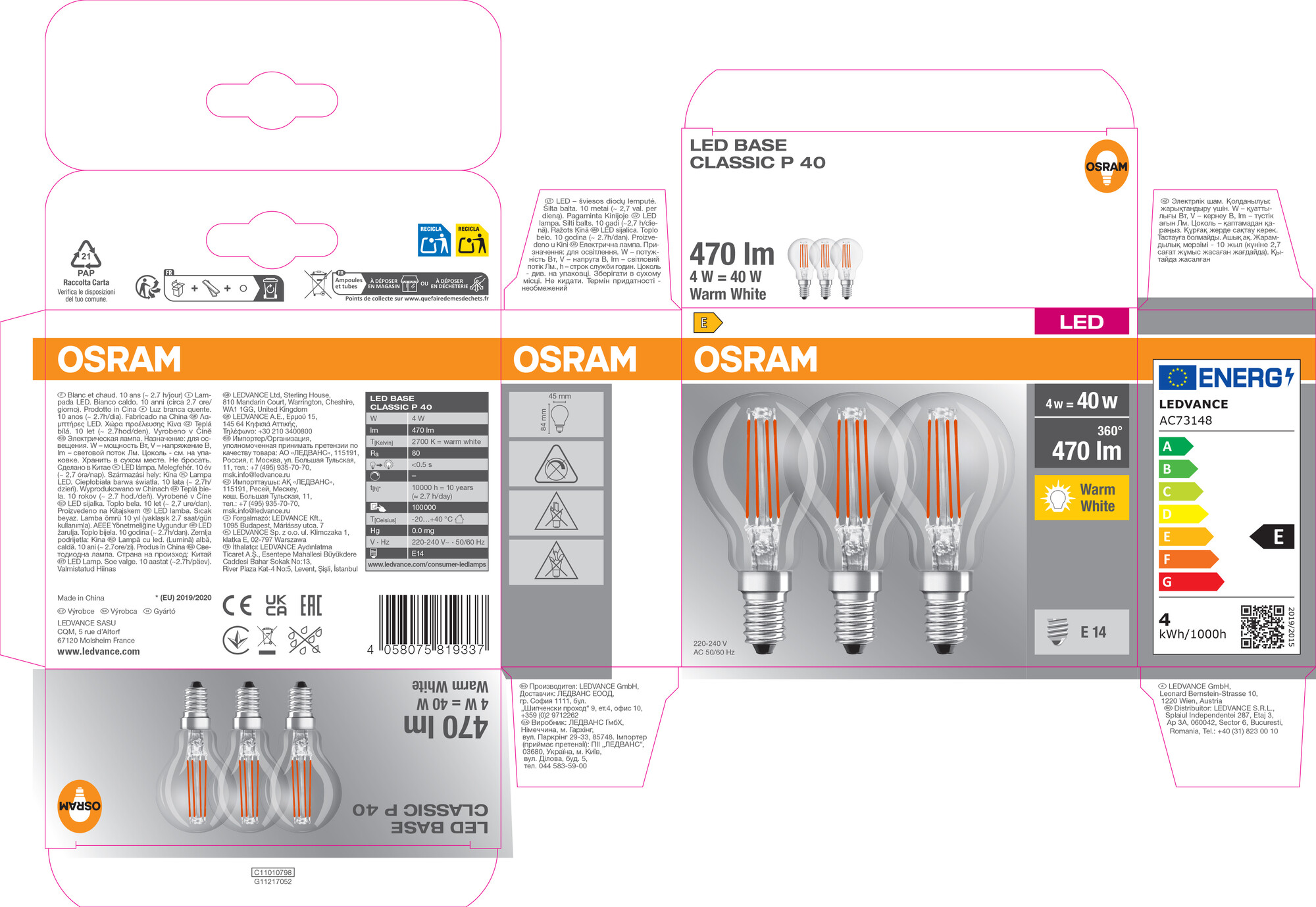 Osram LED Base Classic Lampe, warmweiß, E14, 3er Pack
