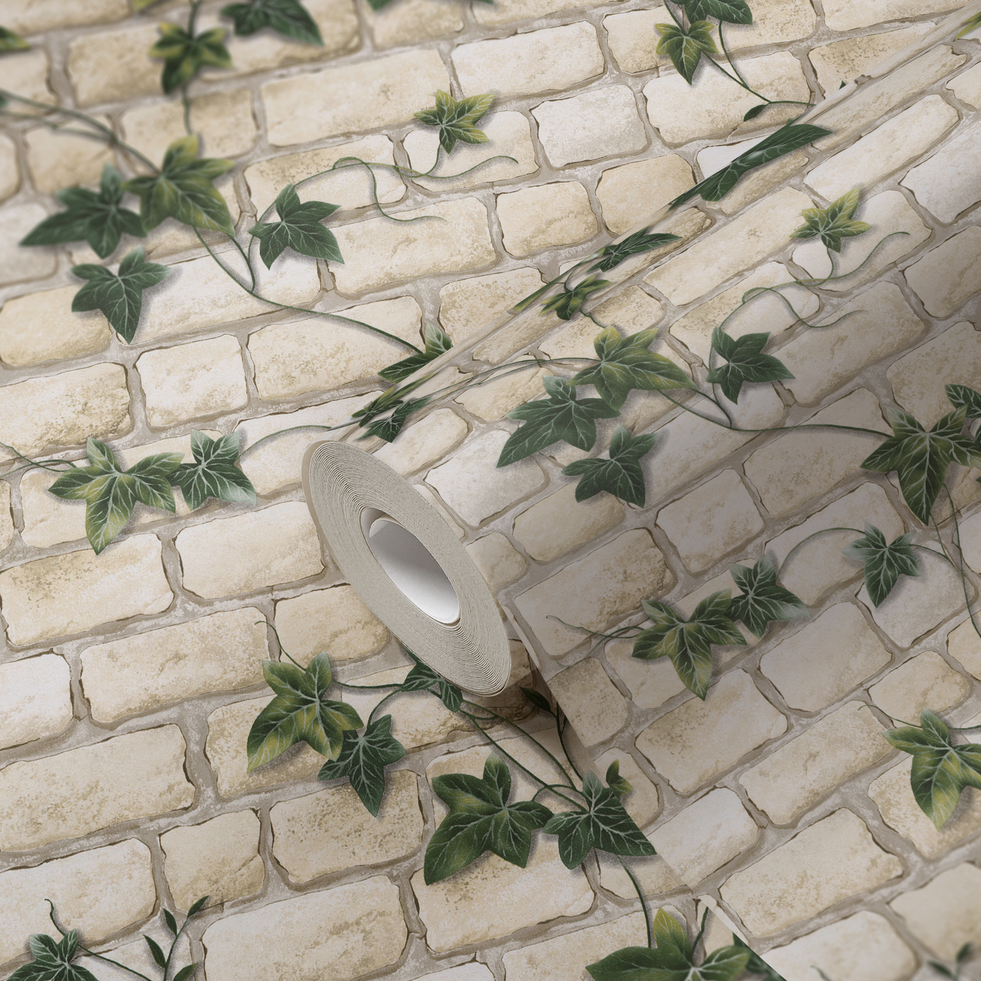 A.S. Création Vliestapete, steinmauer beige grün mit efeu – naturmotiv tapete im landhausstil