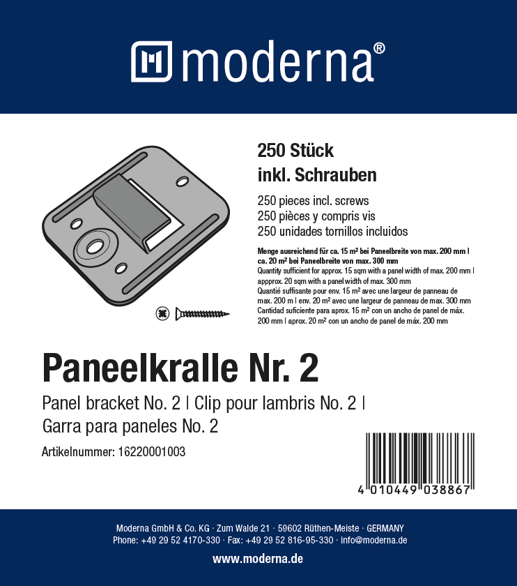 Moderna Paneelkralle Nr. 2 + Schrauben Moderna Paneelkralle Nr. 2 + Schrauben
