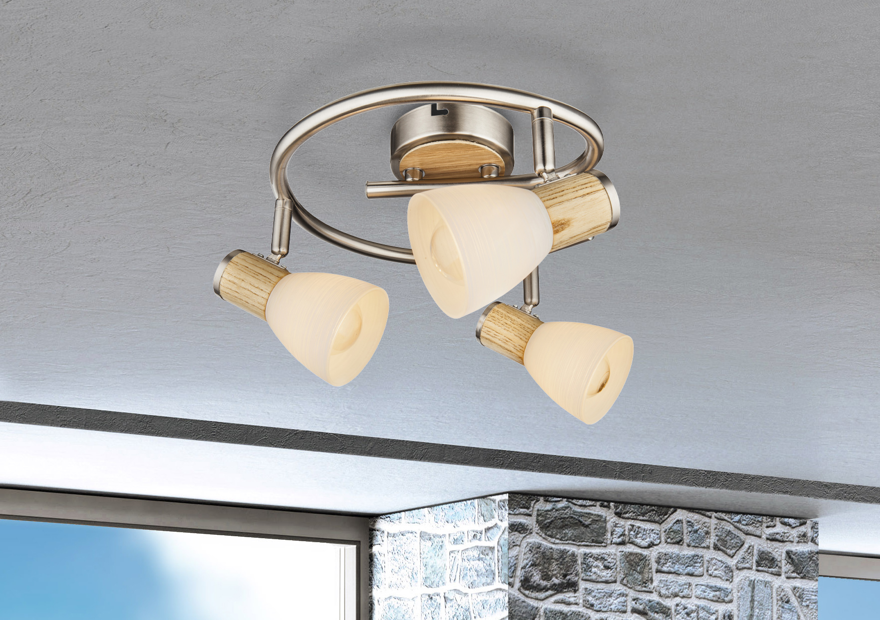 GLOBO STRAHLER 3XE14 NICKEL HOLZ GLAS