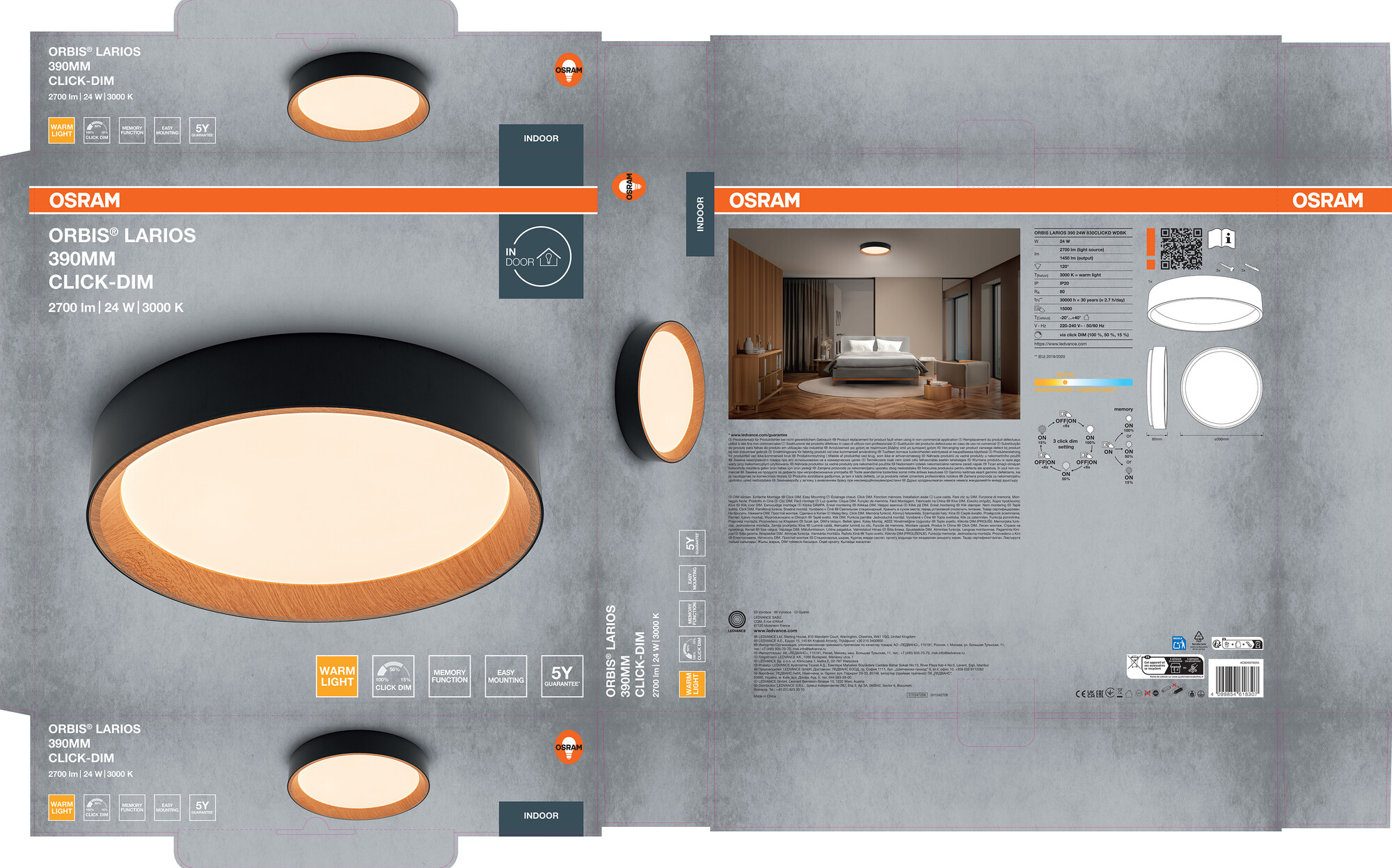 Osram Led Deckenleuchte "Orbis Larios", 390 mm, 24W, 830, Holzdekor/schwarz