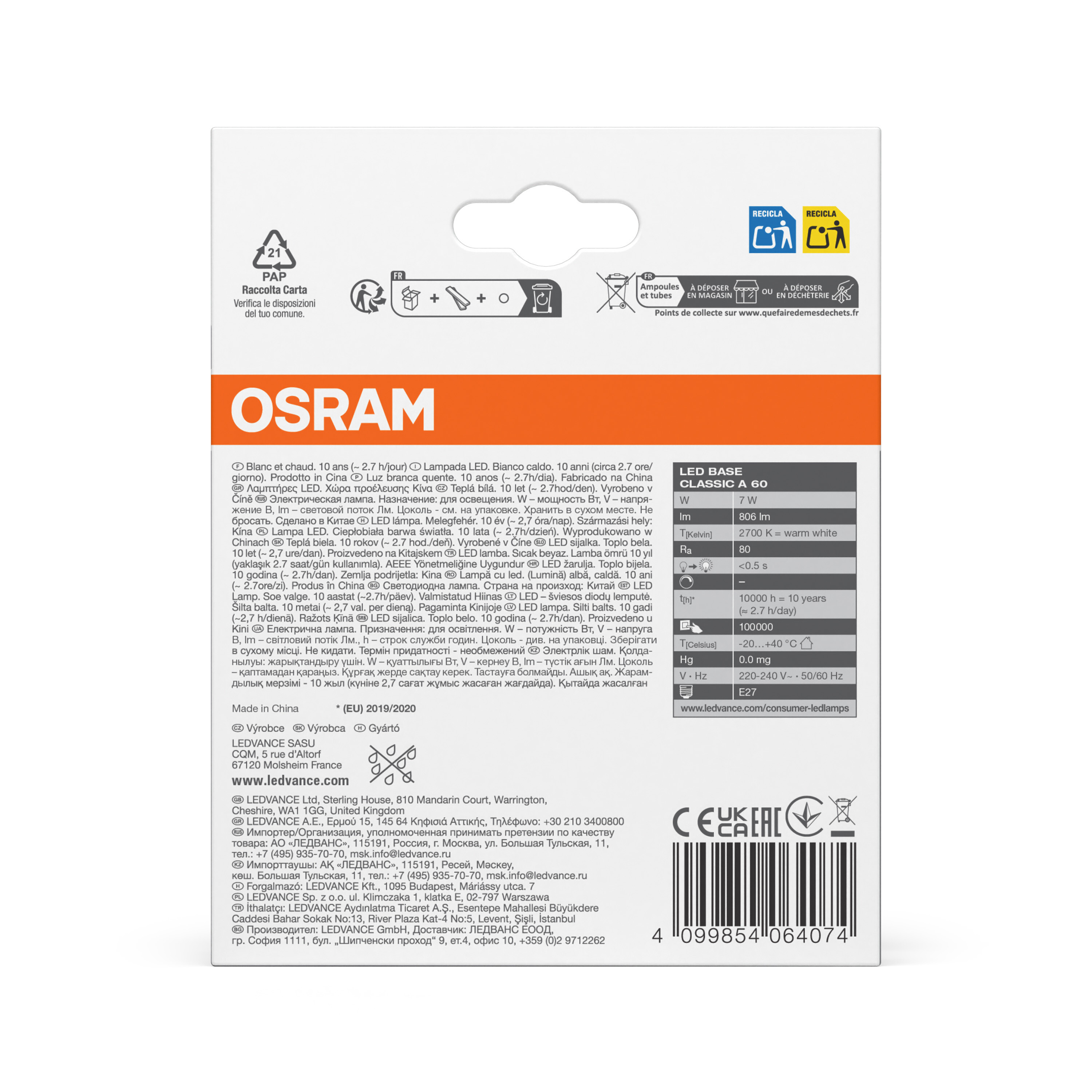 Osram LED Lampe Base CLA60, E27, Warmweiß milchig