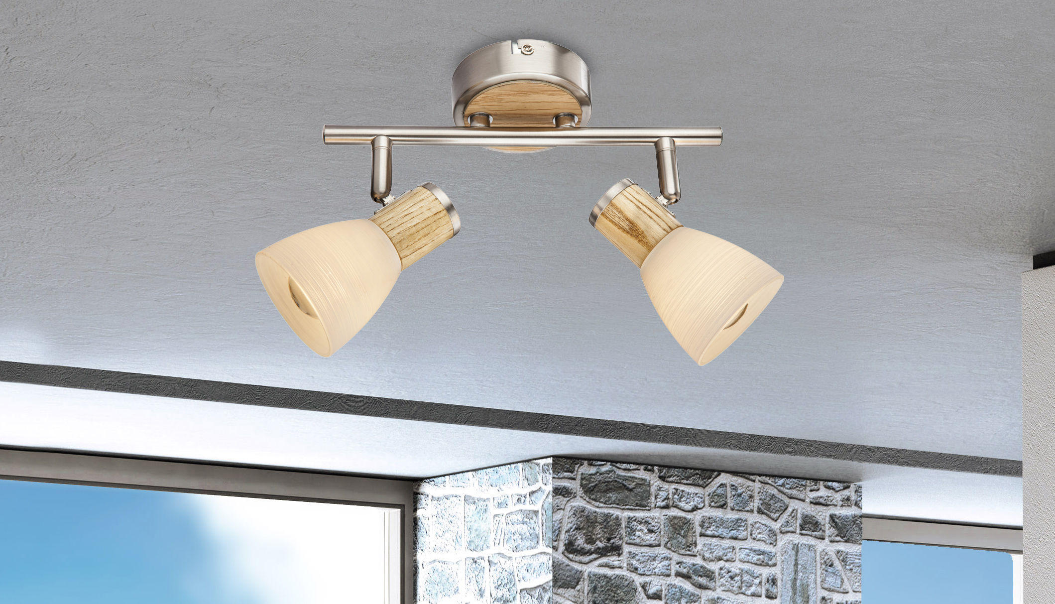 GLOBO STRAHLER 2XE14 NICKEL HOLZ GLAS