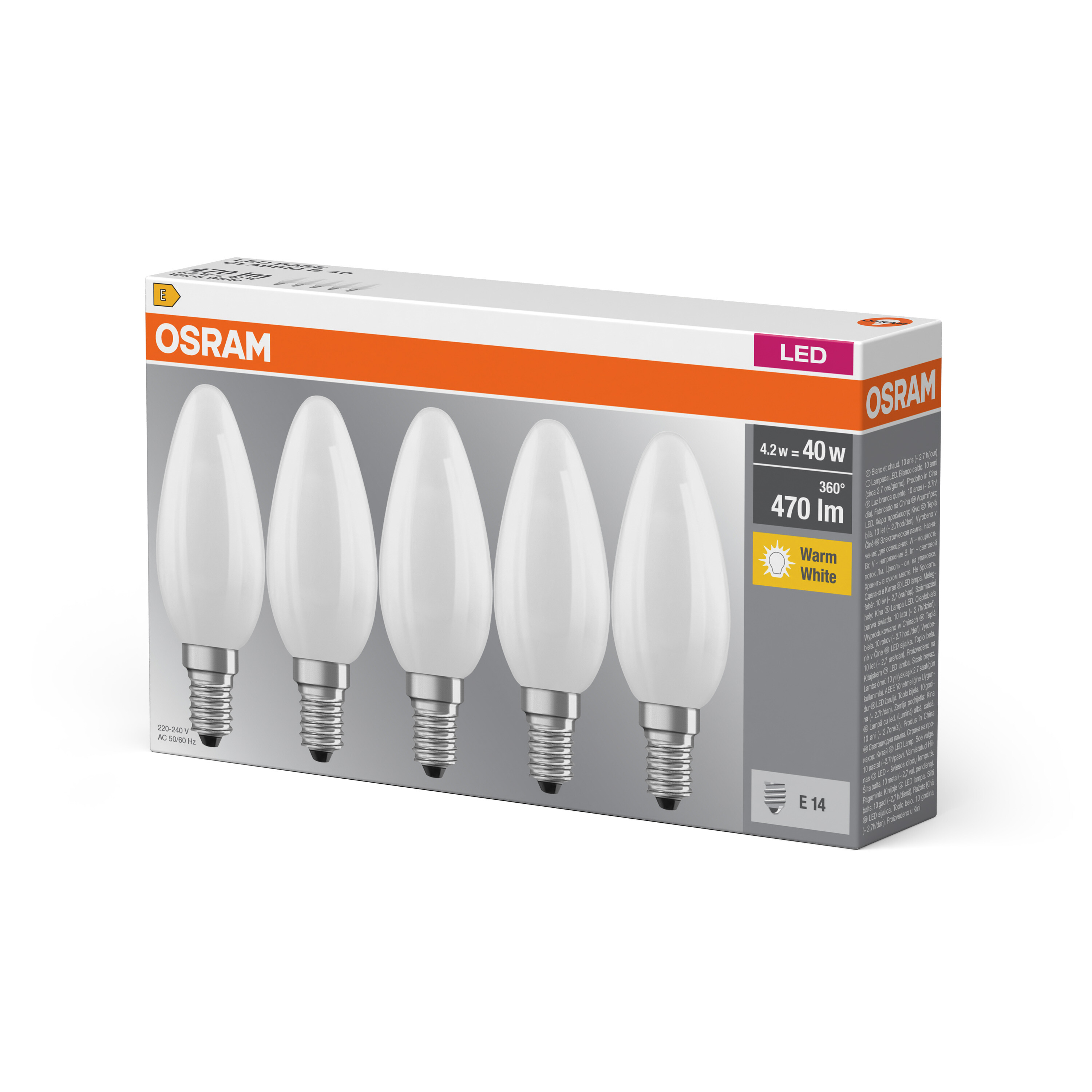 Osram LED Lampe Kerzenform, matt, wamrweiß, E14, 5er-Pack