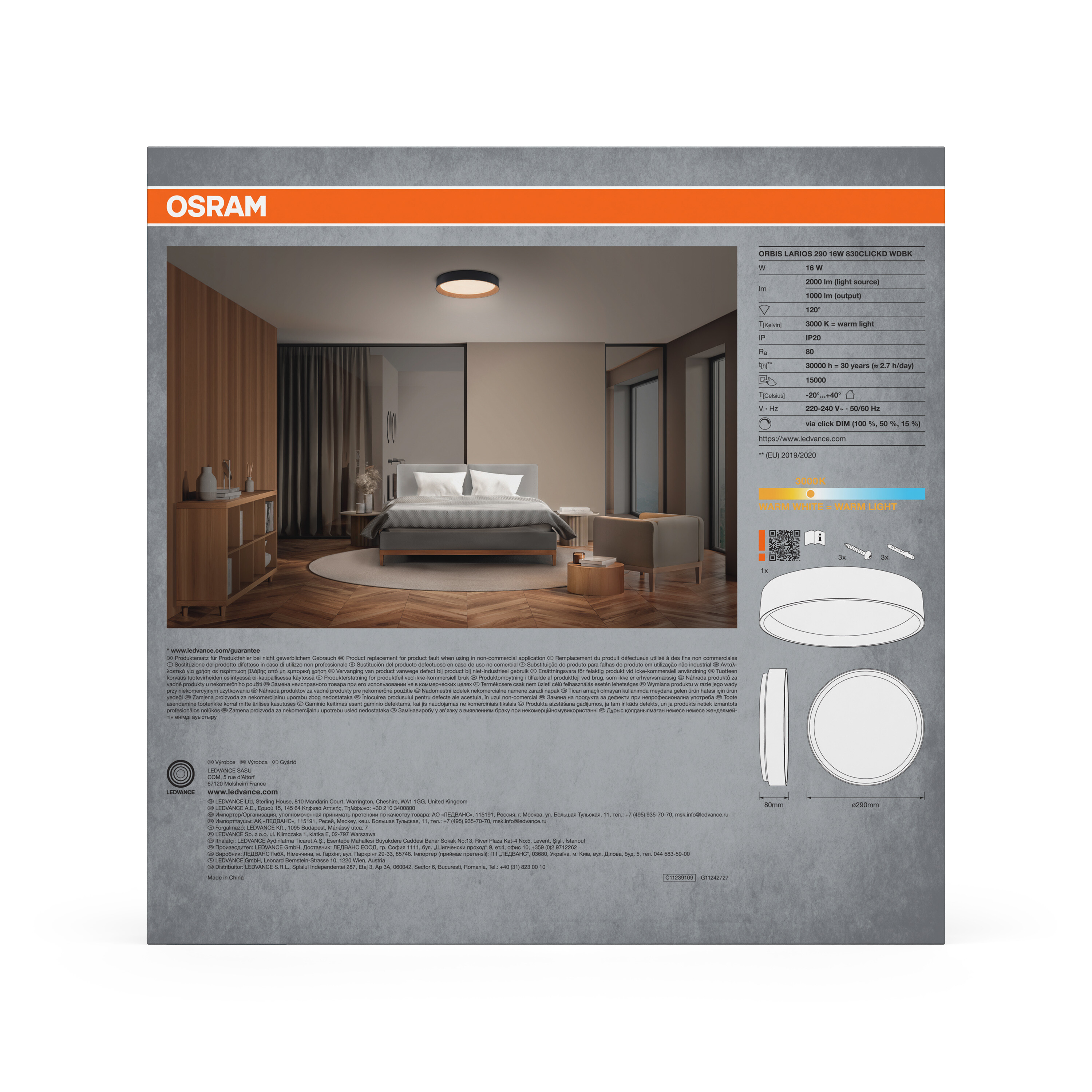 Osram Led Deckenleuchte "Orbis Larios", 290 mm, 16W, 830, Holzdekor/schwarz