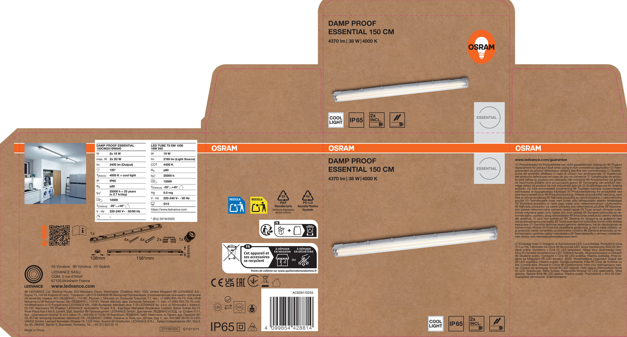 Osram Feuchtraumlampe Essential, 150 cm, 2X19W
