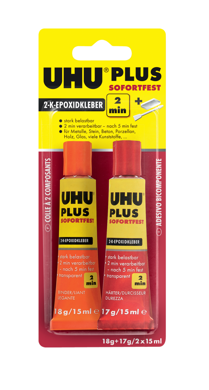 Uhu PLUS sofortfest Tube Binder + Tube Härter, Infokarte Uhu PLUS sofortfest Tube Binder + Tube Härter, Infokarte