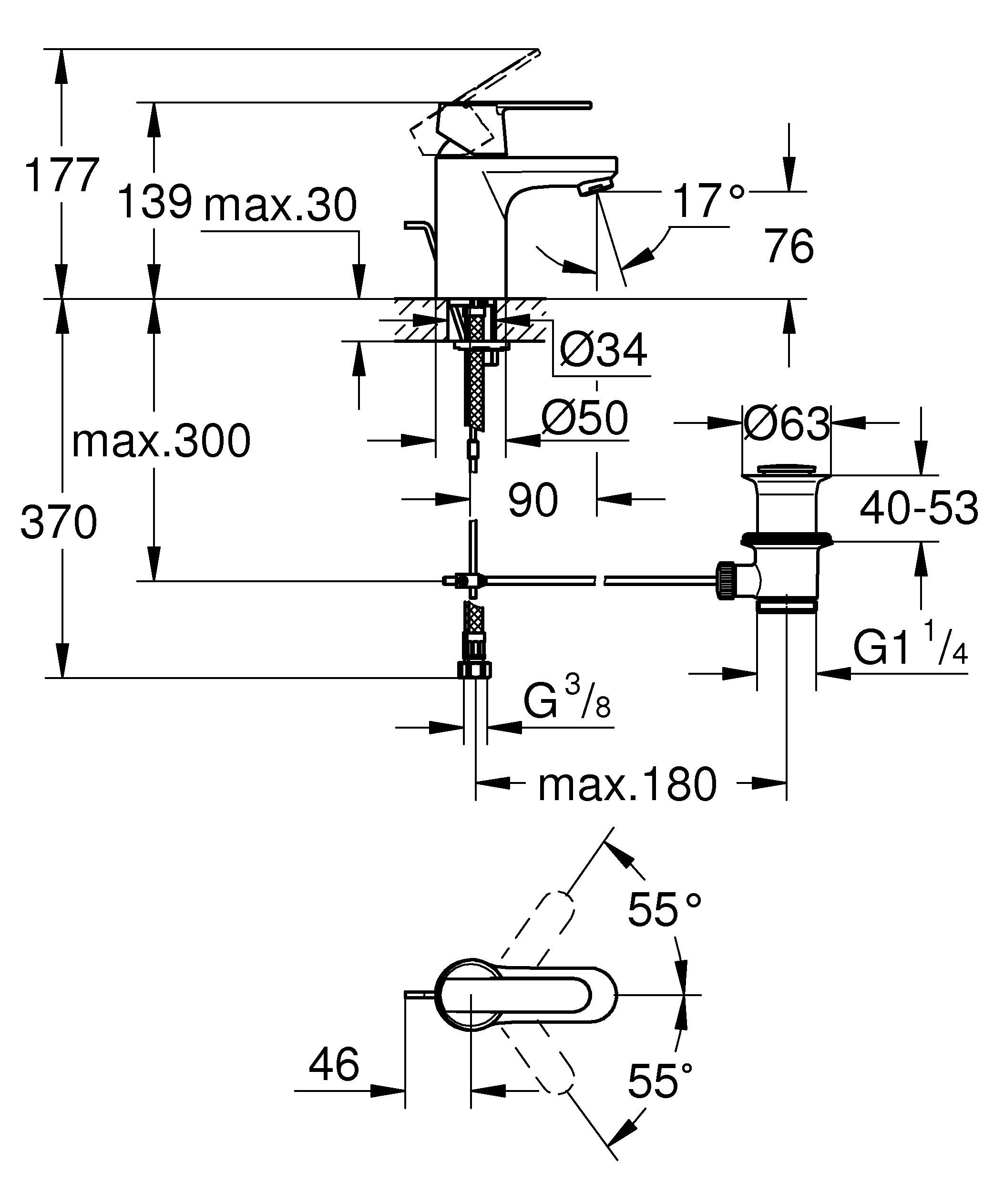 209926_02-Masszeichnung FRIEDRICH GROHE  GET EINHEBELMISCHER  WASCHTISCH  S-SIZE