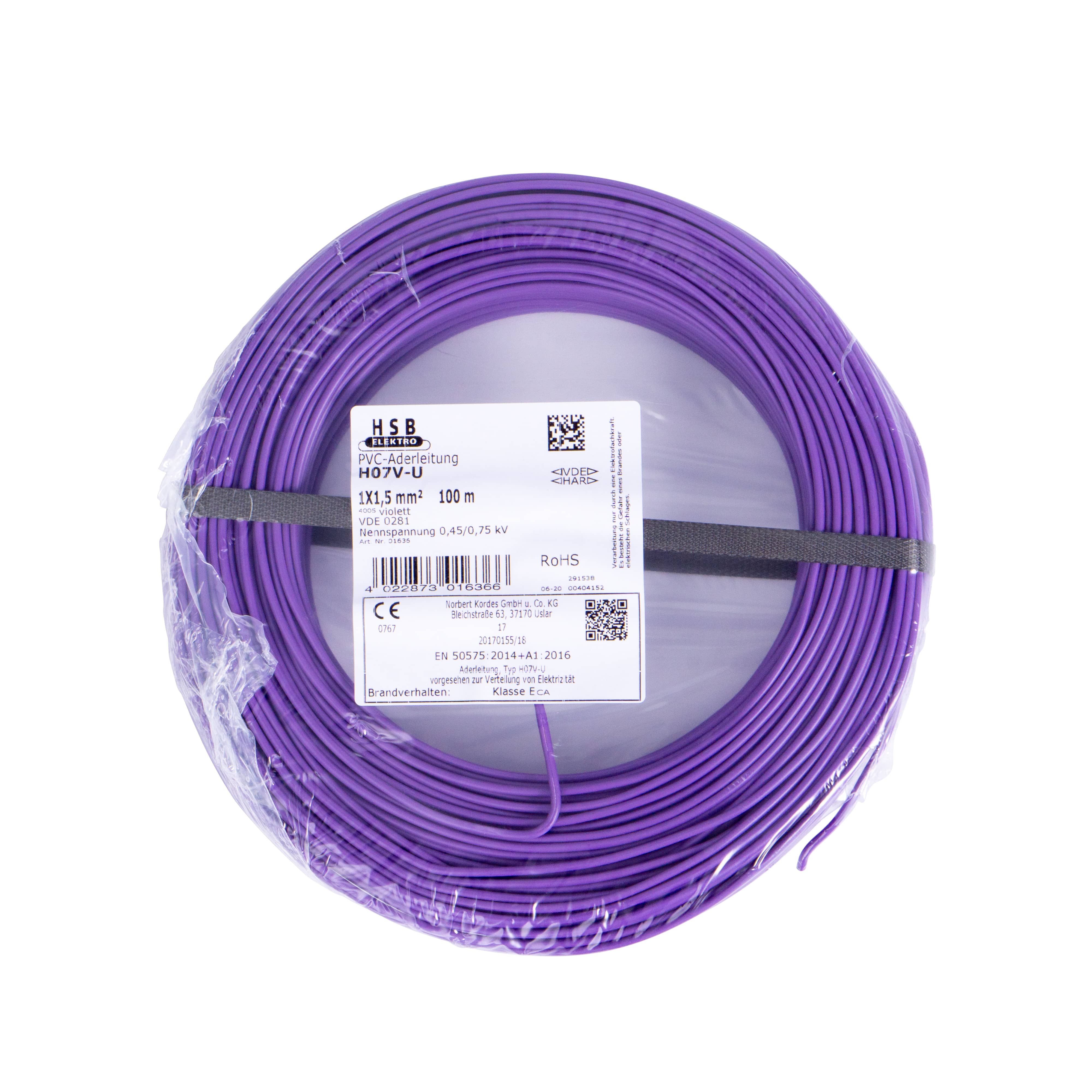 370465yrJNRnQlblWIn ADERLEITUNG EINDR.H07V-U 1,5MM²,100M,VIOLETT