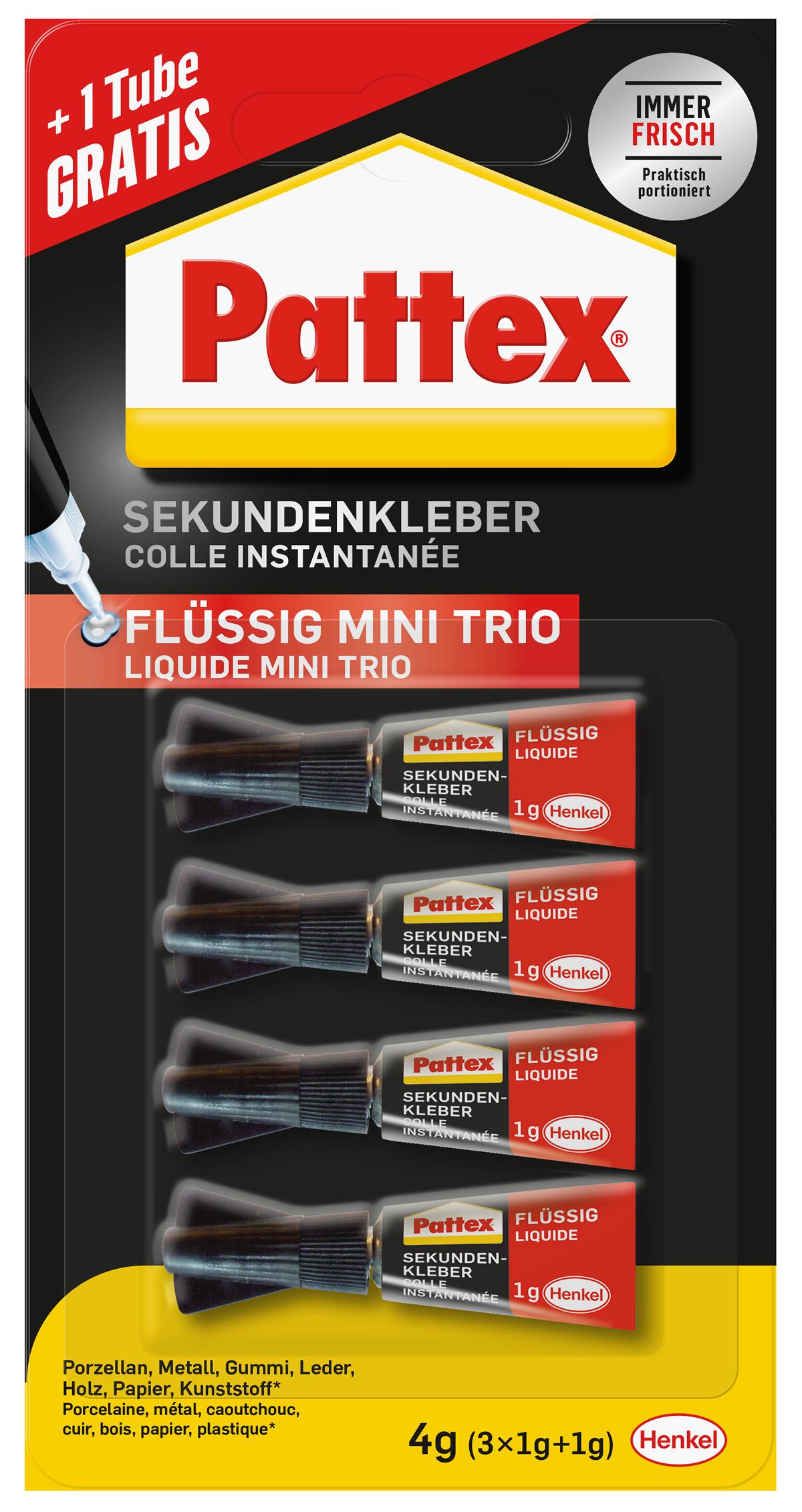 PSMT4_Sekkl_Fluessig_MiniTrio_3-1_200226 Pattex Mini Trio flüssig, 3 x 1 g + 1 x 1 g
