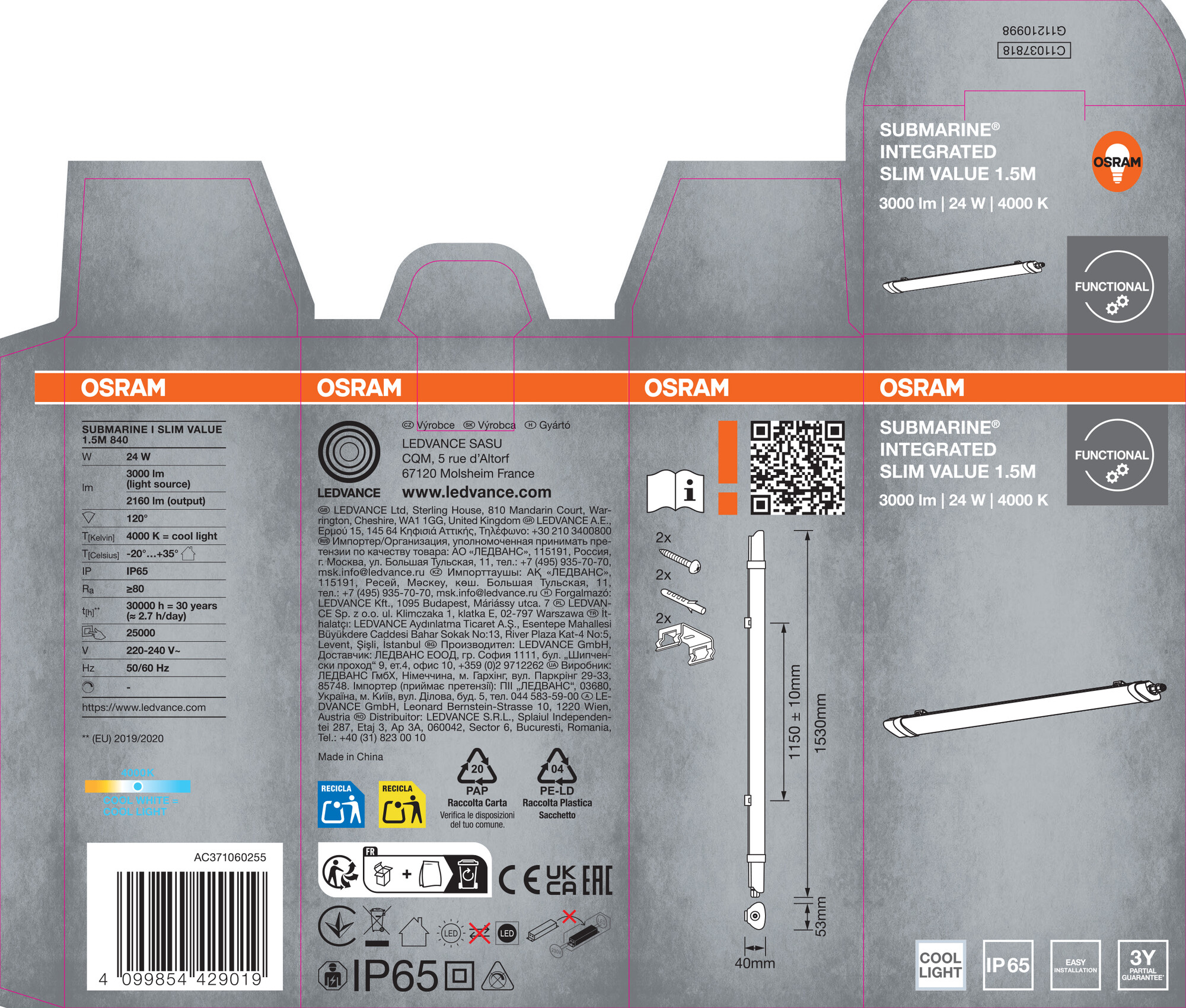 Osram LED Feuchtraumleuchte, 150 cm, Kaltweiß, Slim Value Submarine I