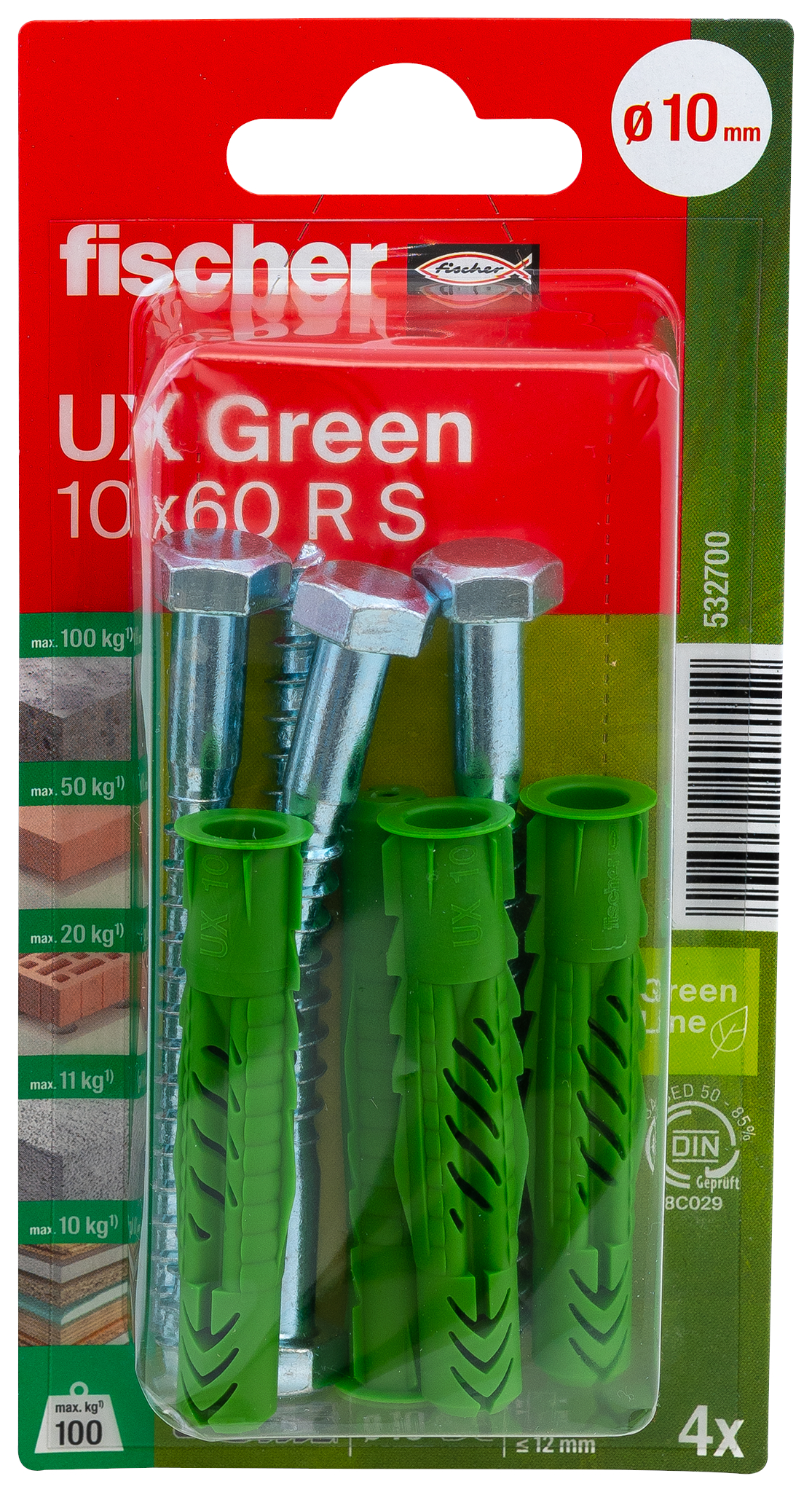 fischer Universaldübel UX Green 10 x 60 R S K (4) fischer Universaldübel UX Green 10 x 60 R S K (4)