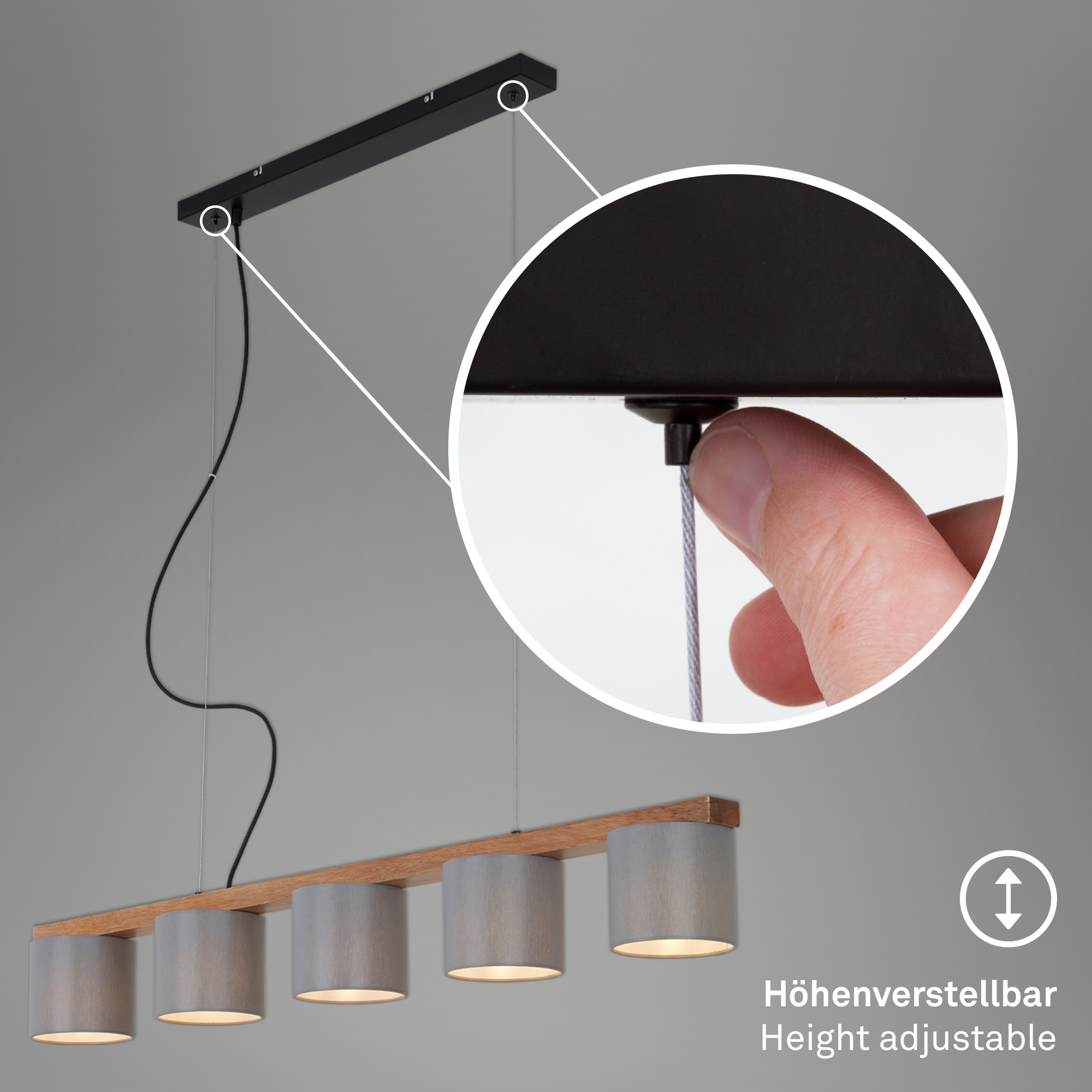 123012-3 BRILONER HÄNGELEUCHTE 5XE14 HOLZ/STOFF GRAU