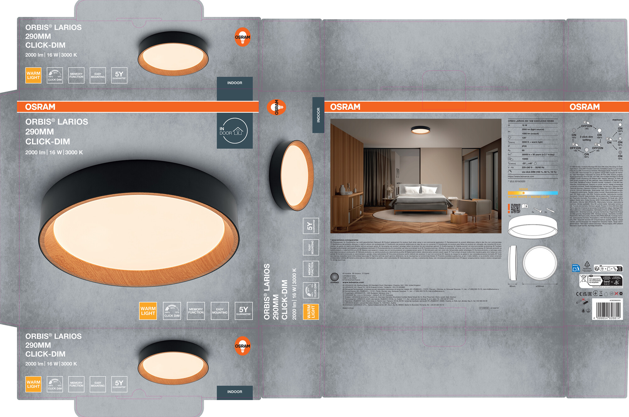 Osram Led Deckenleuchte "Orbis Larios", 290 mm, 16W, 830, Holzdekor/schwarz