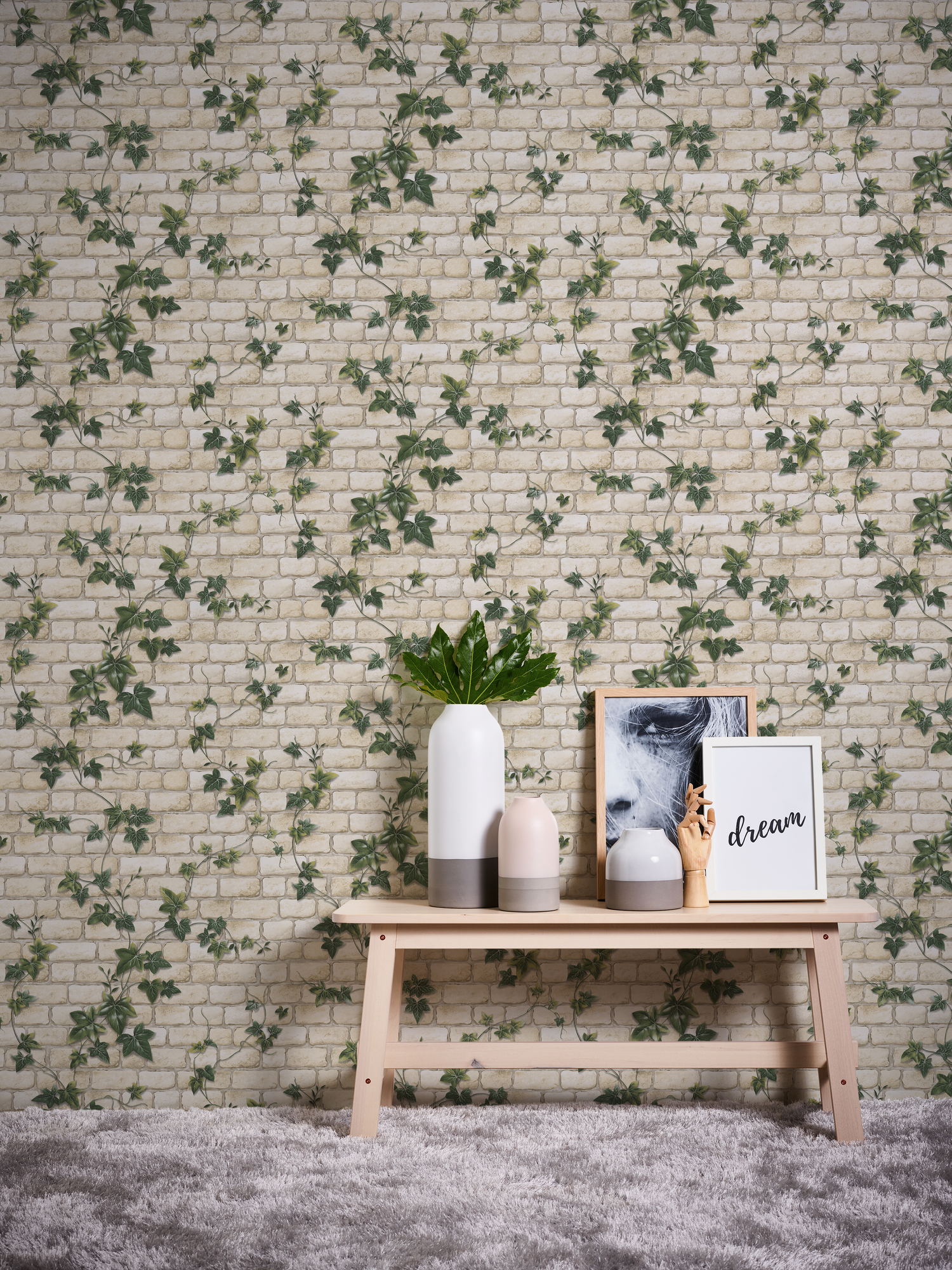 A.S. Création Vliestapete, steinmauer beige grün mit efeu – naturmotiv tapete im landhausstil