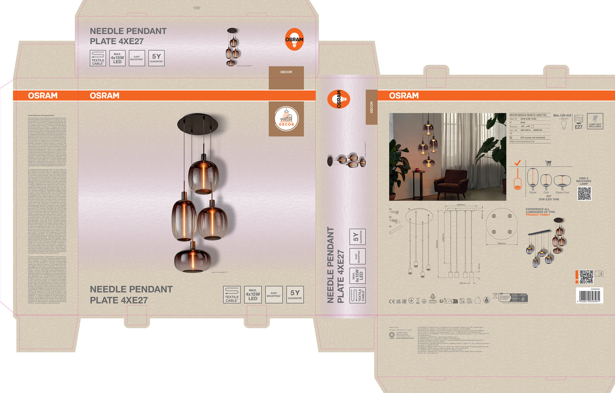 Osram DECOR Needle Pendelleuchte, 4XE27, dunkelgrau