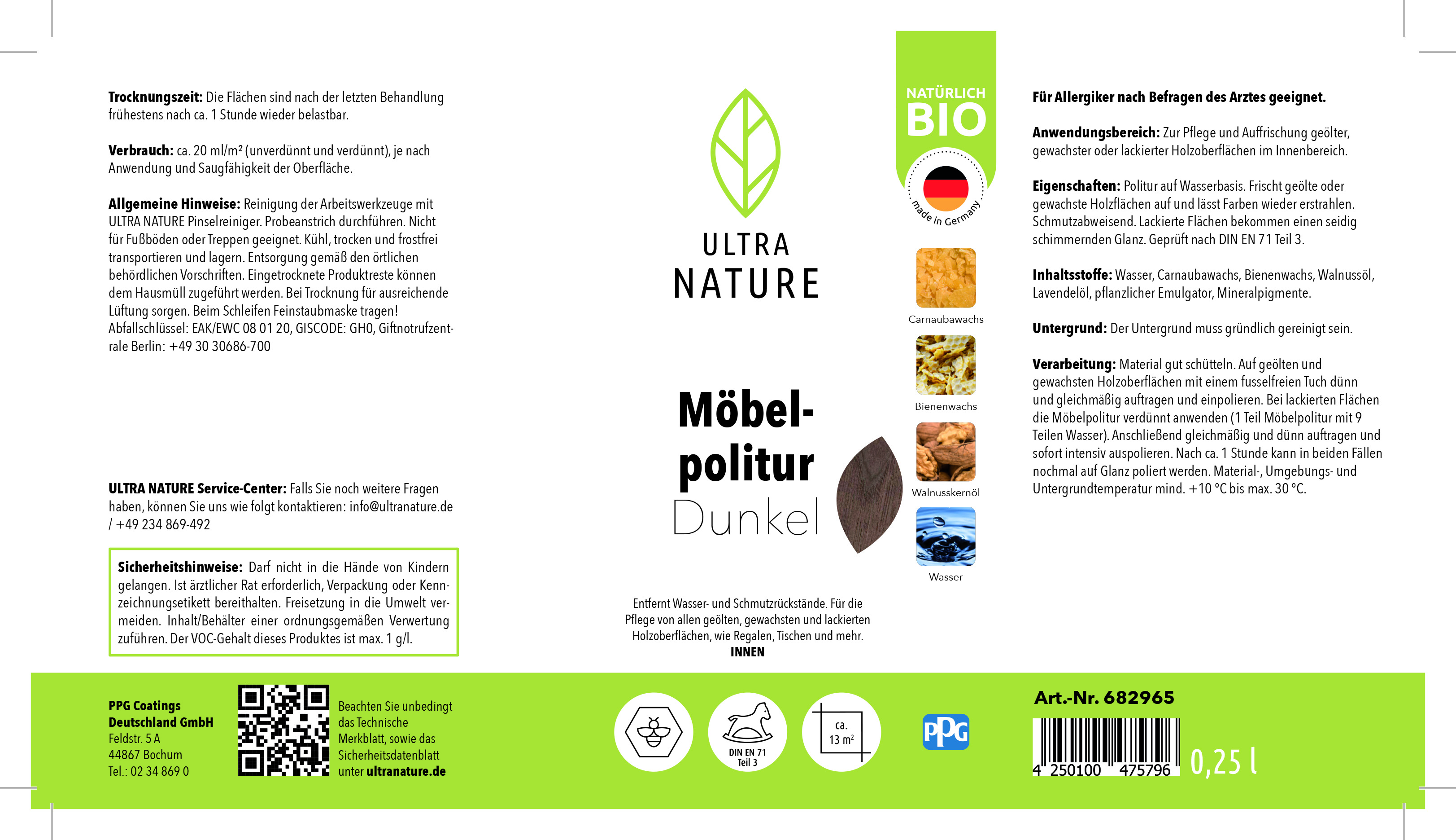 Ultra Nature Möbelpolitur Dunkel, 0,25 l Ultra Nature Möbelpolitur Dunkel, 0,25 l
