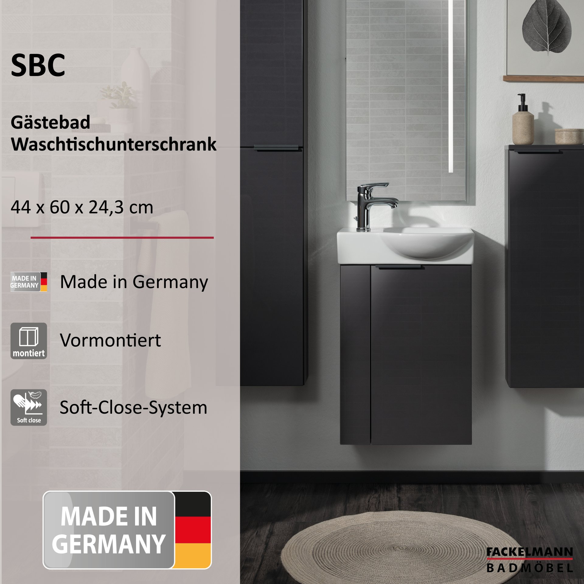 Fackelmann SBC Mini-Waschtischunterschrank 45, 440 x 600 x 243 mm, Anthrazit-Hochglanz