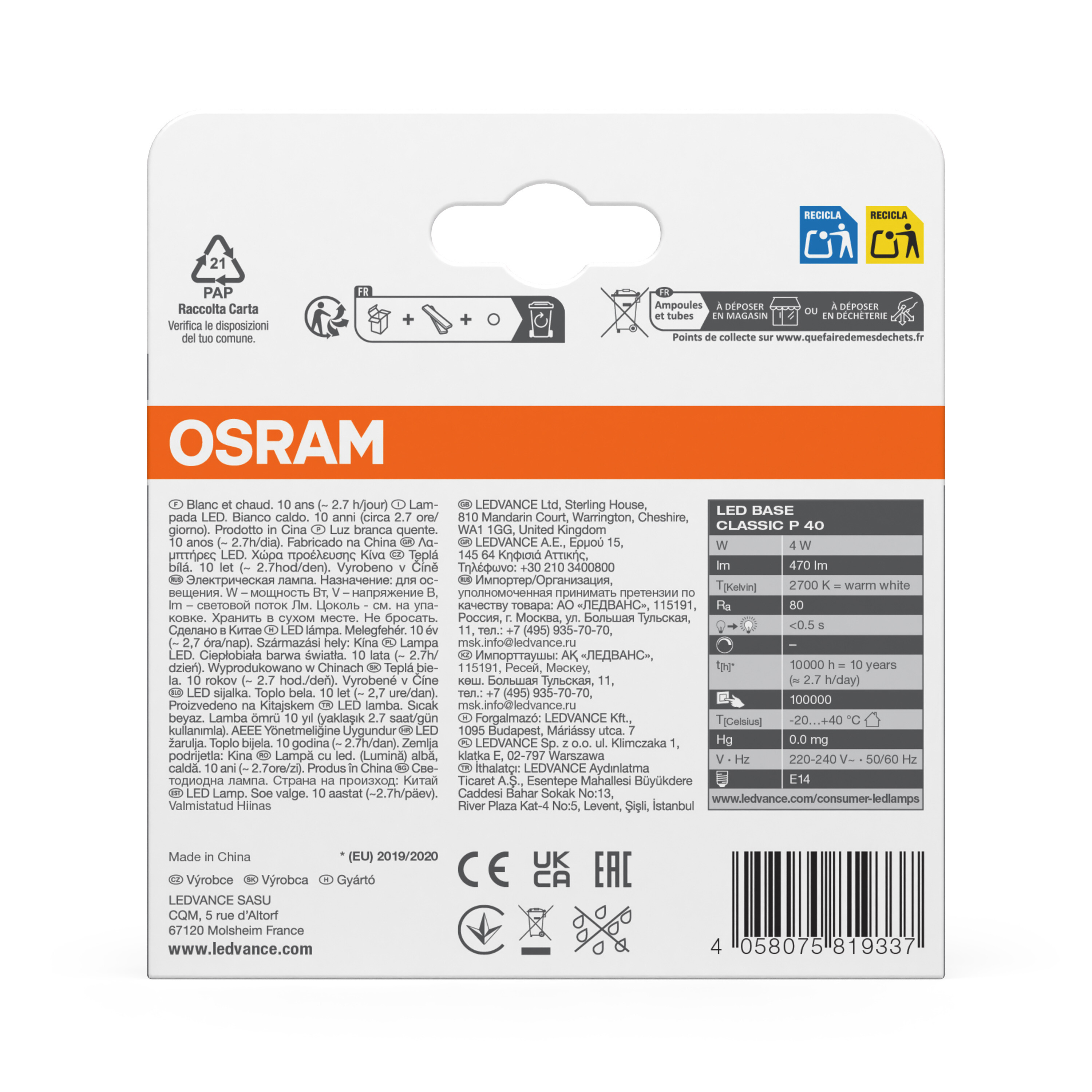 Osram LED Base Classic Lampe, warmweiß, E14, 3er Pack