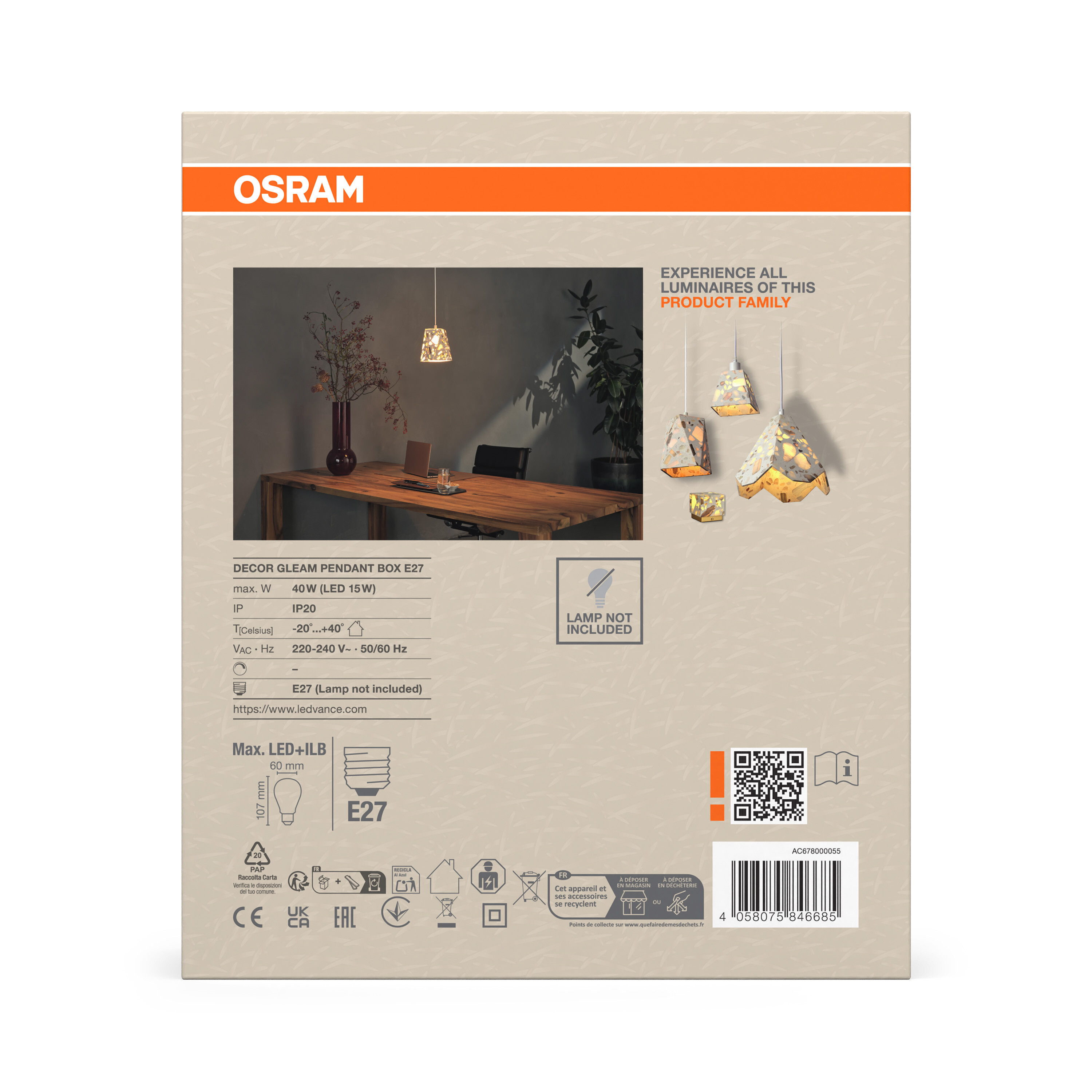 Osram DECOR Gleam Pendelleuchte Box, E27, weiß