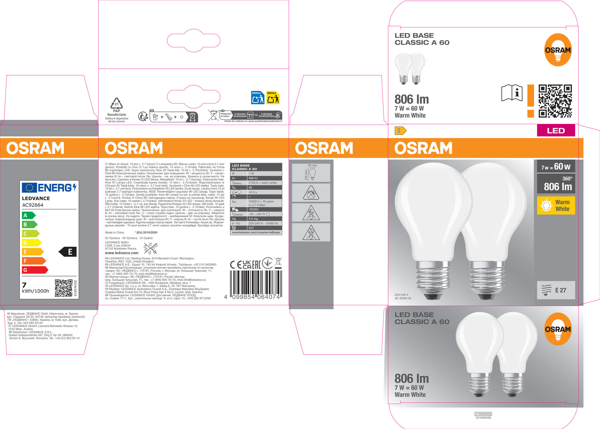 Osram LED Lampe Base CLA60, E27, Warmweiß milchig
