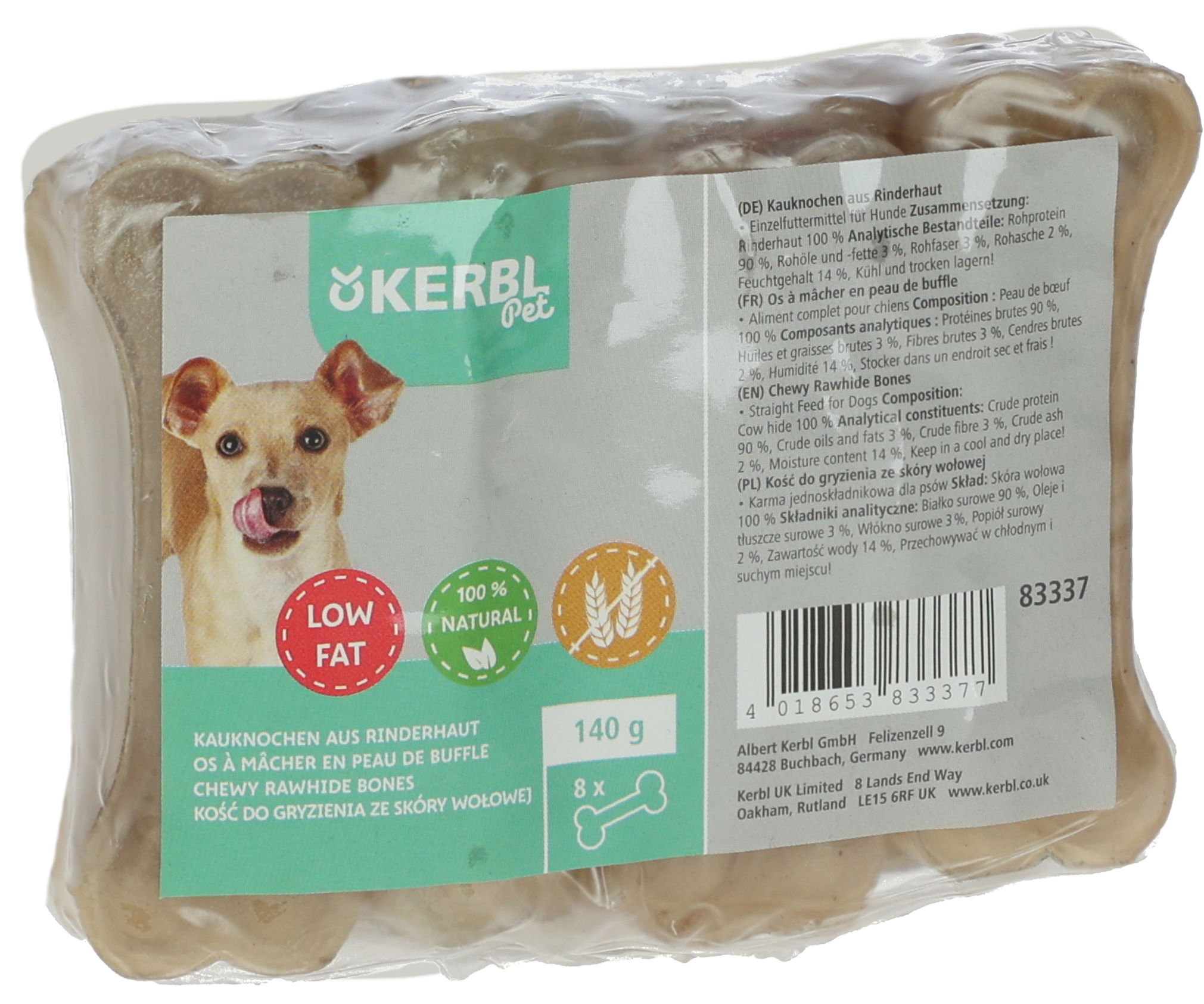 Kerbl Rinderhaut Knochen 8cm/17,5g, im 8er Beutel eingeschweißt