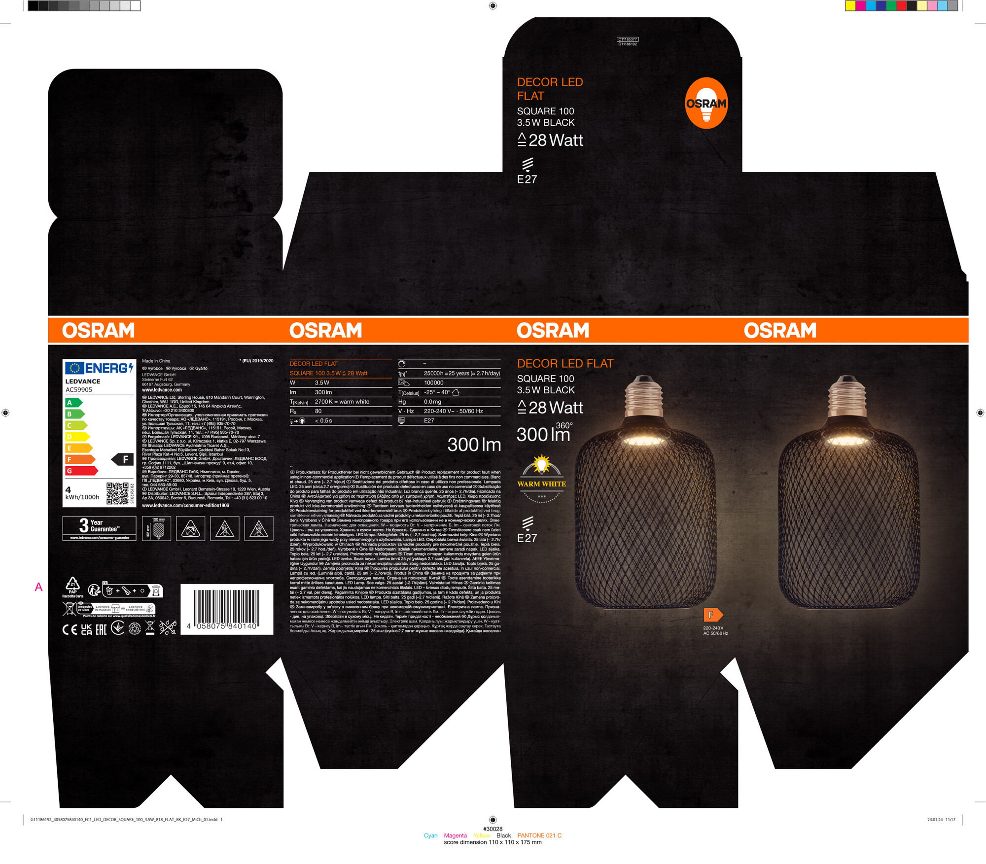 Osram LED Flatlampe, schwarz, warmweiß, E27