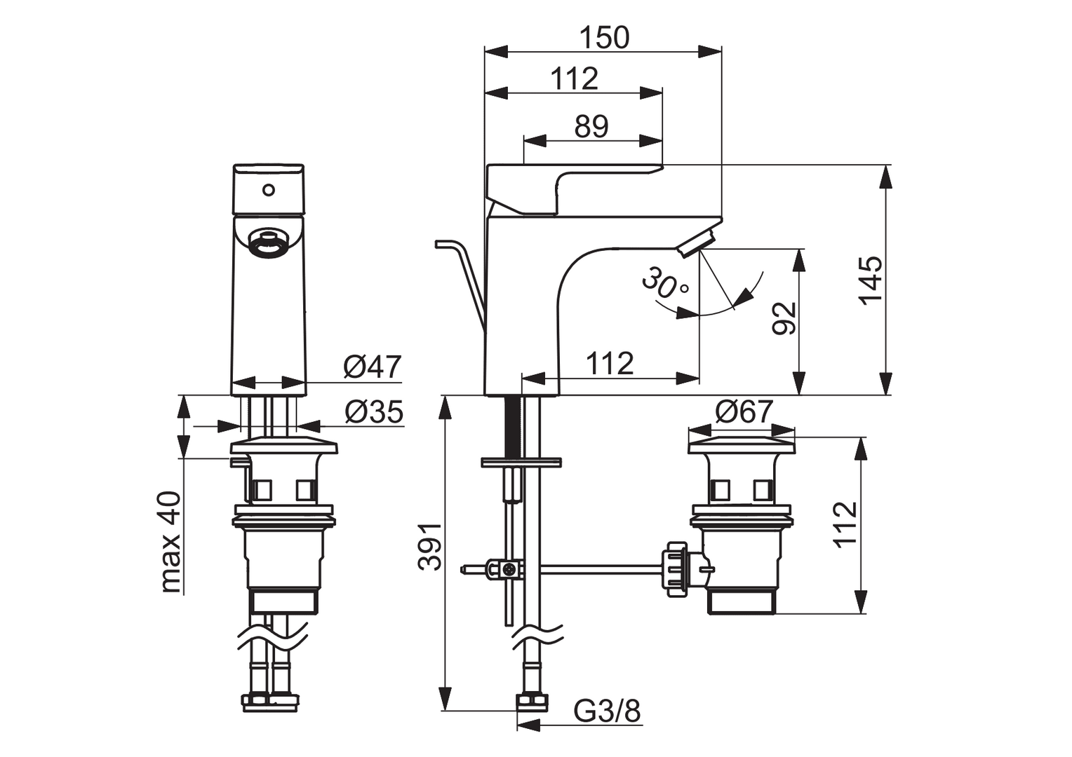 Hansa Waschtischarmatur PICO M mit Ablaufgarnitur und Zugstange, Ausladung 112 mm, DN15, Chrom