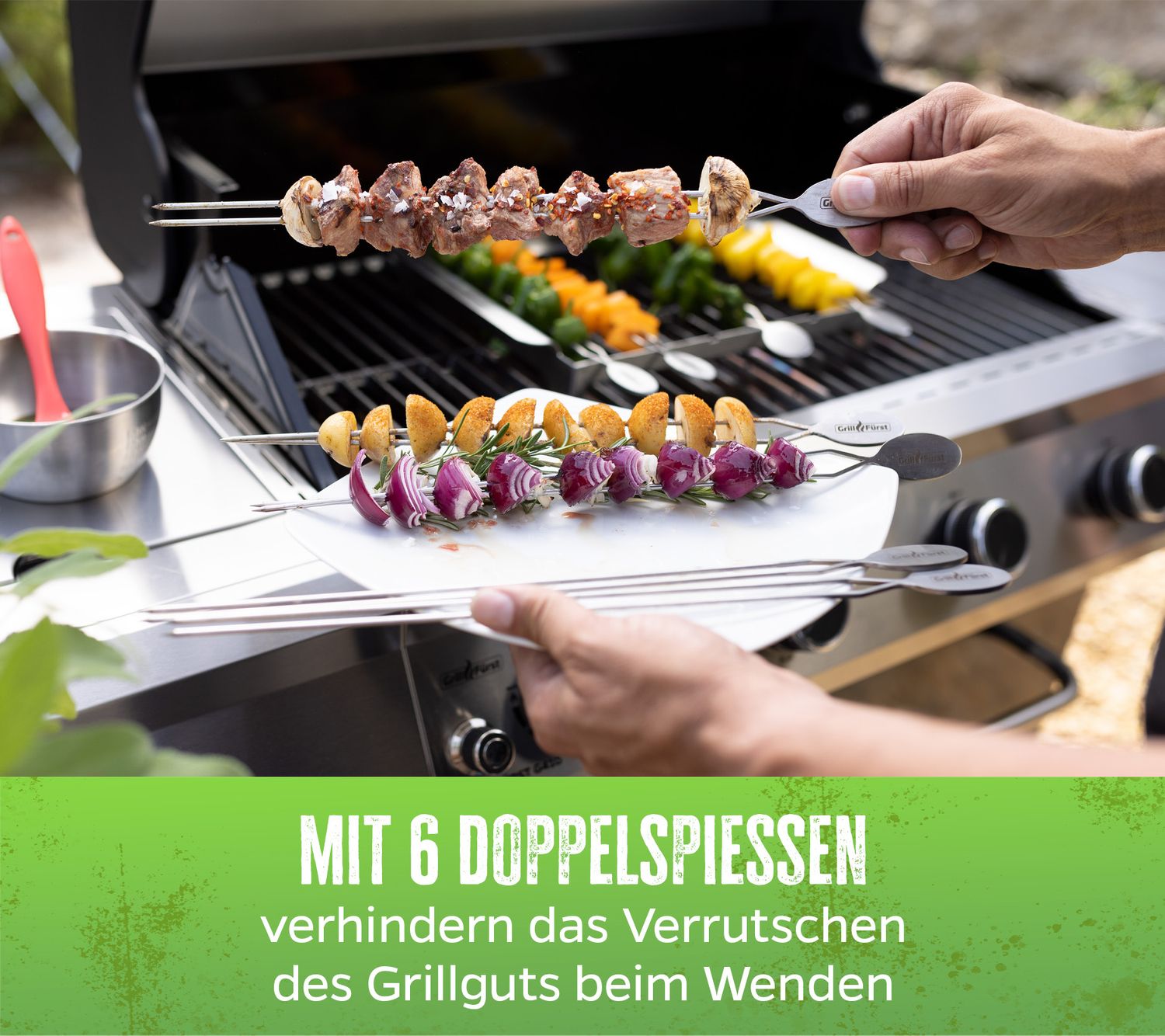 Grillfürst Drehspieß Spießhalter mit 6 Doppelspießen