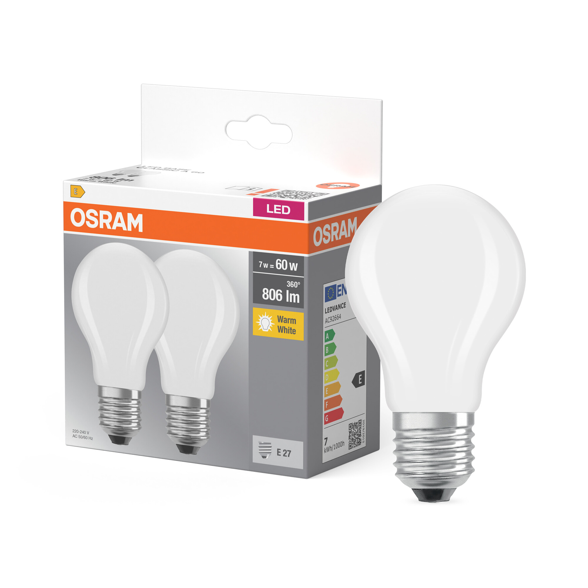 Osram LED Lampe Base CLA60, E27, Warmweiß milchig